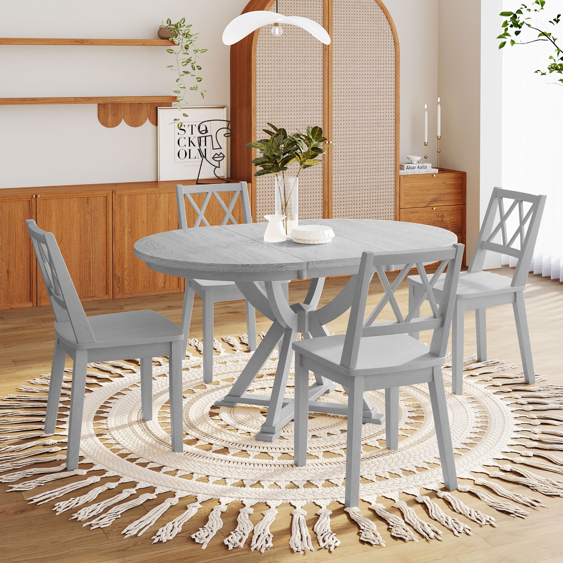 Mid Century 5 Piece Extendable Round Dining Table Set With 15.7" Removable Leaf And 4 Cross Back Dining Chairs, Grey Gray Wood Dining Room Extendable Rubberwood Oval Dining Table With Chair Wood Wood Antique Gray Seats 4 Removable Leaf Mid Century Modern