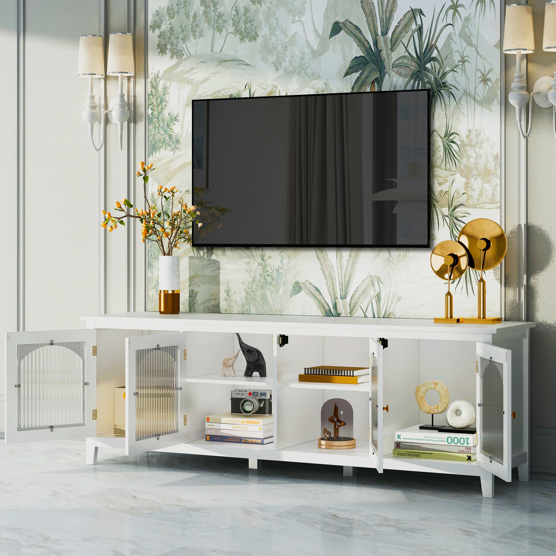 71 Inch Stylishtvcabinet,Entertainment Centertv Stand,Tvconsoletable,Media Console,Solidwood Frame,Changhong Glass Door,Metal Handle,Antique White,For The Children'S Room,Bedroom Living Room Antique White Primary Living Space 70 79 Inches 70 79 Inches