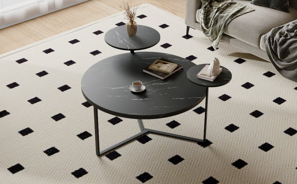 Modern Coffee Table With Two Display Shelves, Black Faux Marble Surfaces, Tripod Inspired Base,Rounded Tabletop Edges Matte Black Mdf