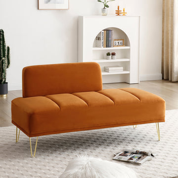 56.3"Inch Modern End Of Bed Bench,Velvet Fabric Upholstered 2Seater Sofa Couch Entryway Ottoman Bench, Fuzzy Sofa Stool Footrest ,Window Bench With Gold Metal Legs For Bedroom, Living Room,Orange Orange Velvet Wood Primary Living Space Foam Velvet 2 Seat