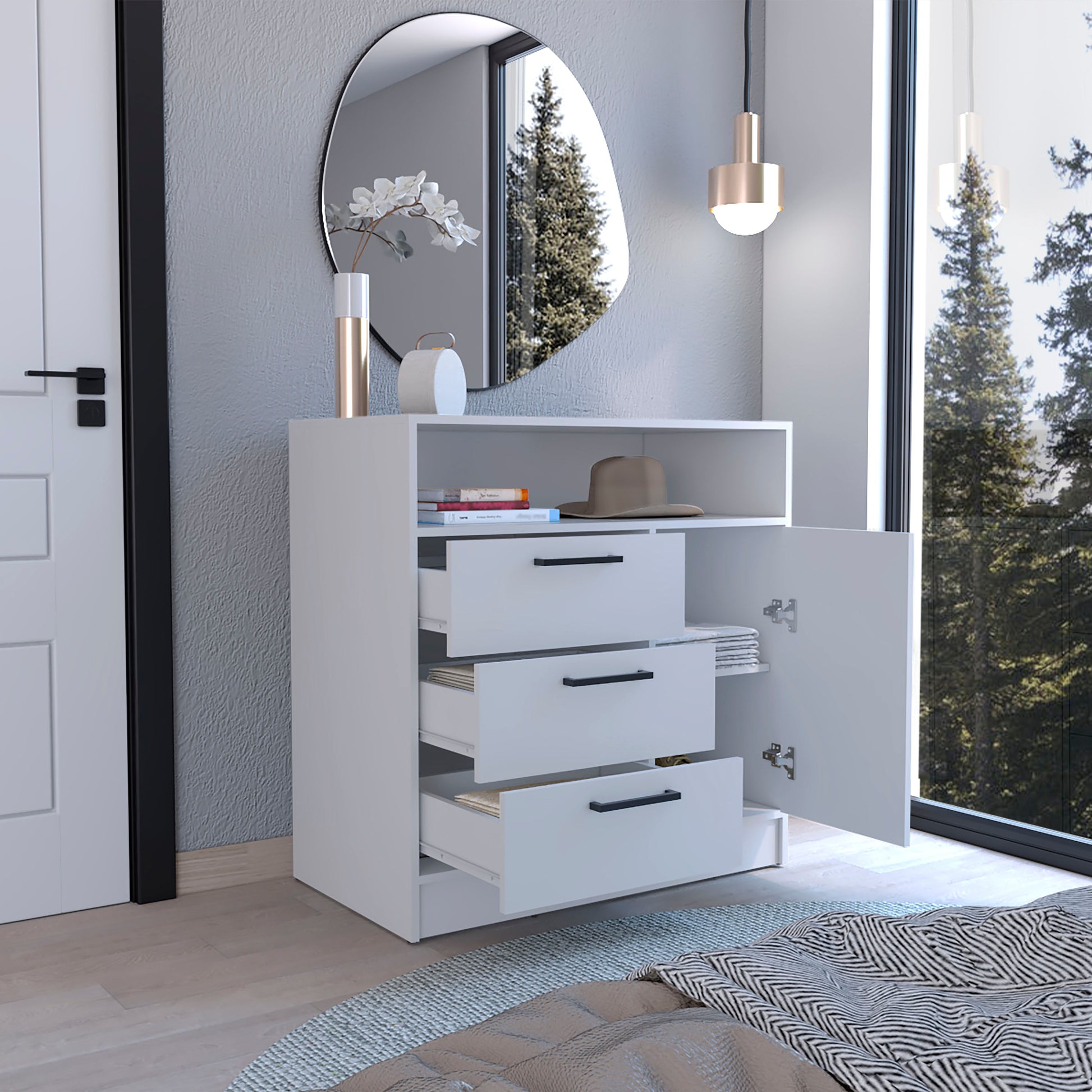 Omaha Dresser Multi Storage Compact Unit With Spacious 3 Drawers And Cabinet White Bedroom Modern Particle Board