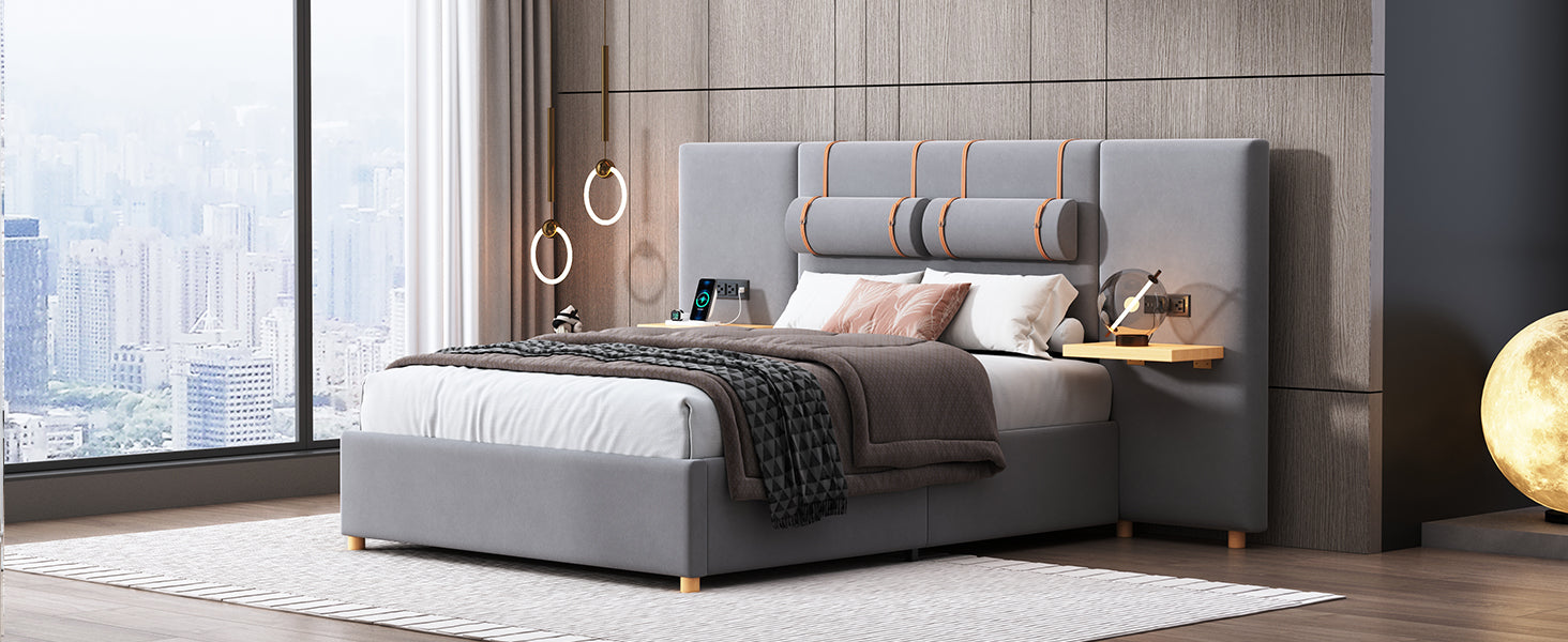 Full Size Upholstered Platform Bed With Two Outlets And Usb Charging Ports On Both Sides, Two Bedside Pillows, Storage Shelf, Velvet,Gray Full Gray Mdf Lvl