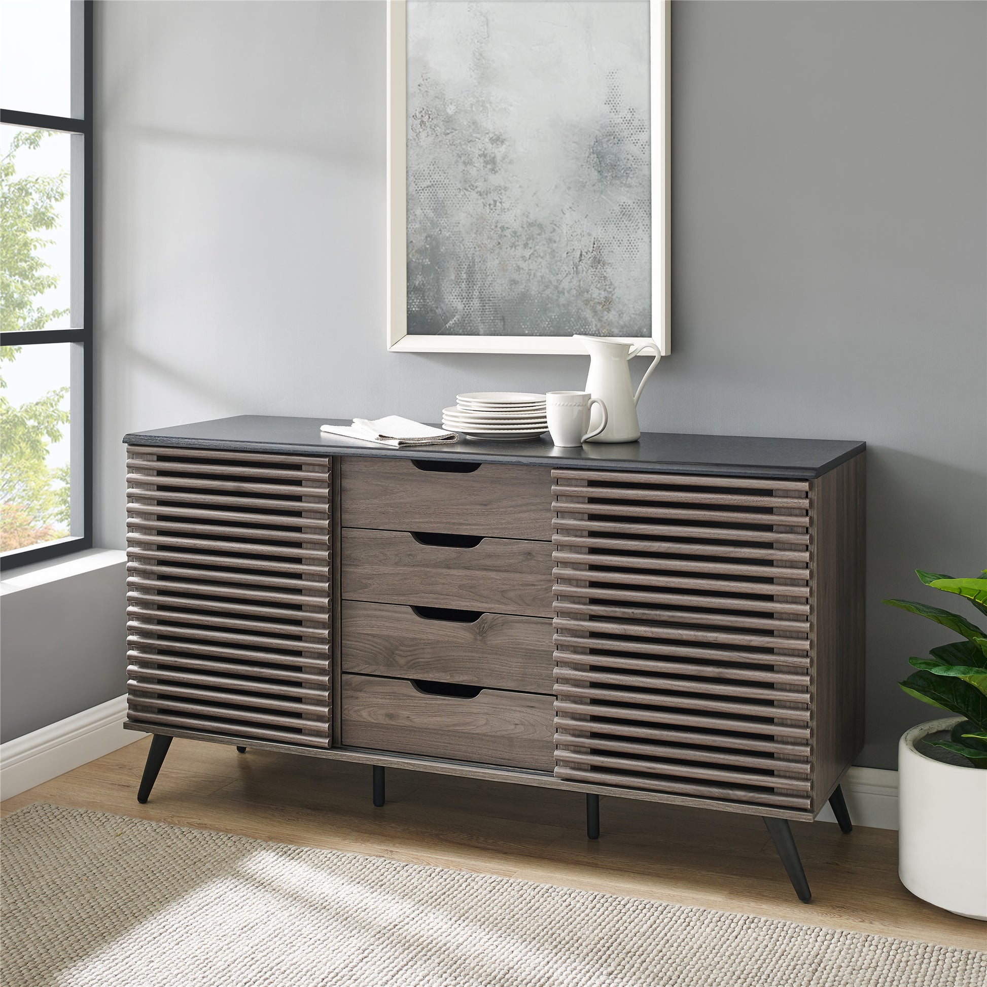 Contemporary Sliding Slat Door Sideboard Ebony Slate Grey Ebony Mdf