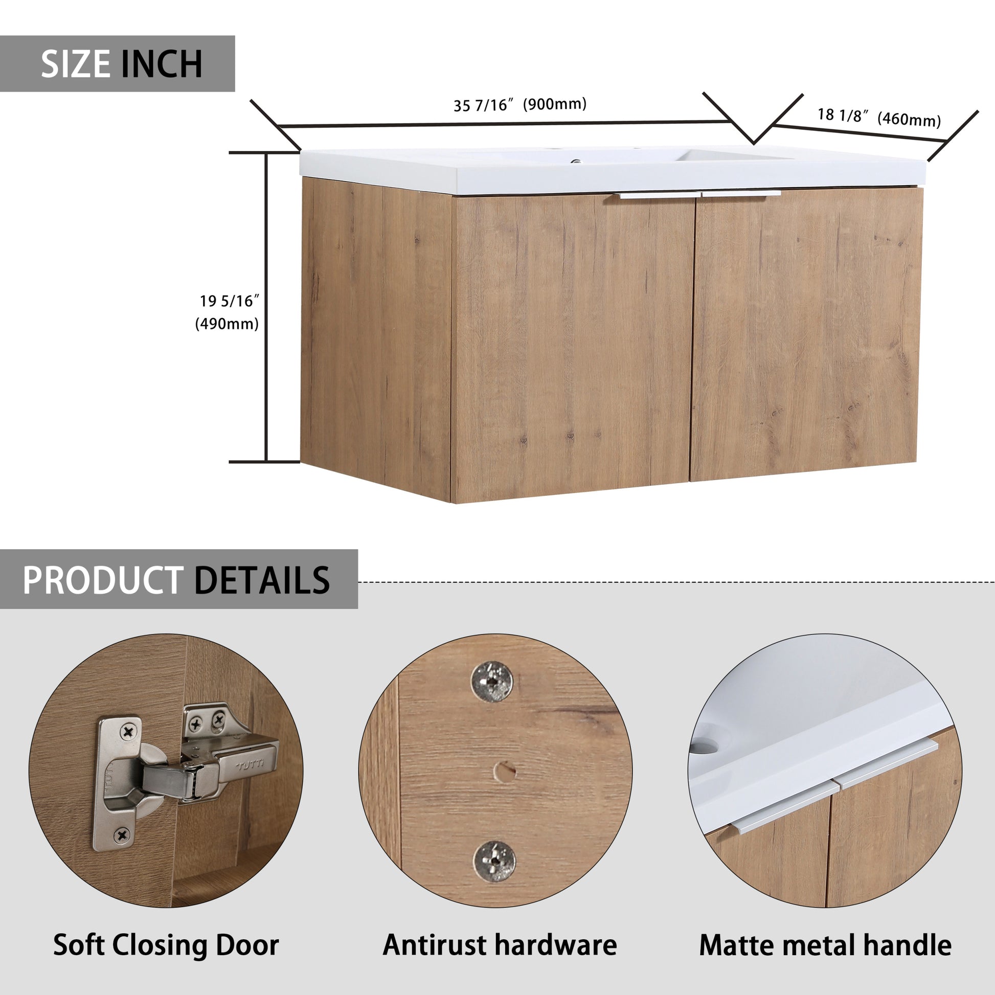 Modern Design 36 Inch Float Mounting Bathroom Vanity With Sink Soft Close Door,2 Doors 00636 Imo Kd Packing Imitative Oak 2 1 Bathroom Wall Mounted Modern Plywood Plywood