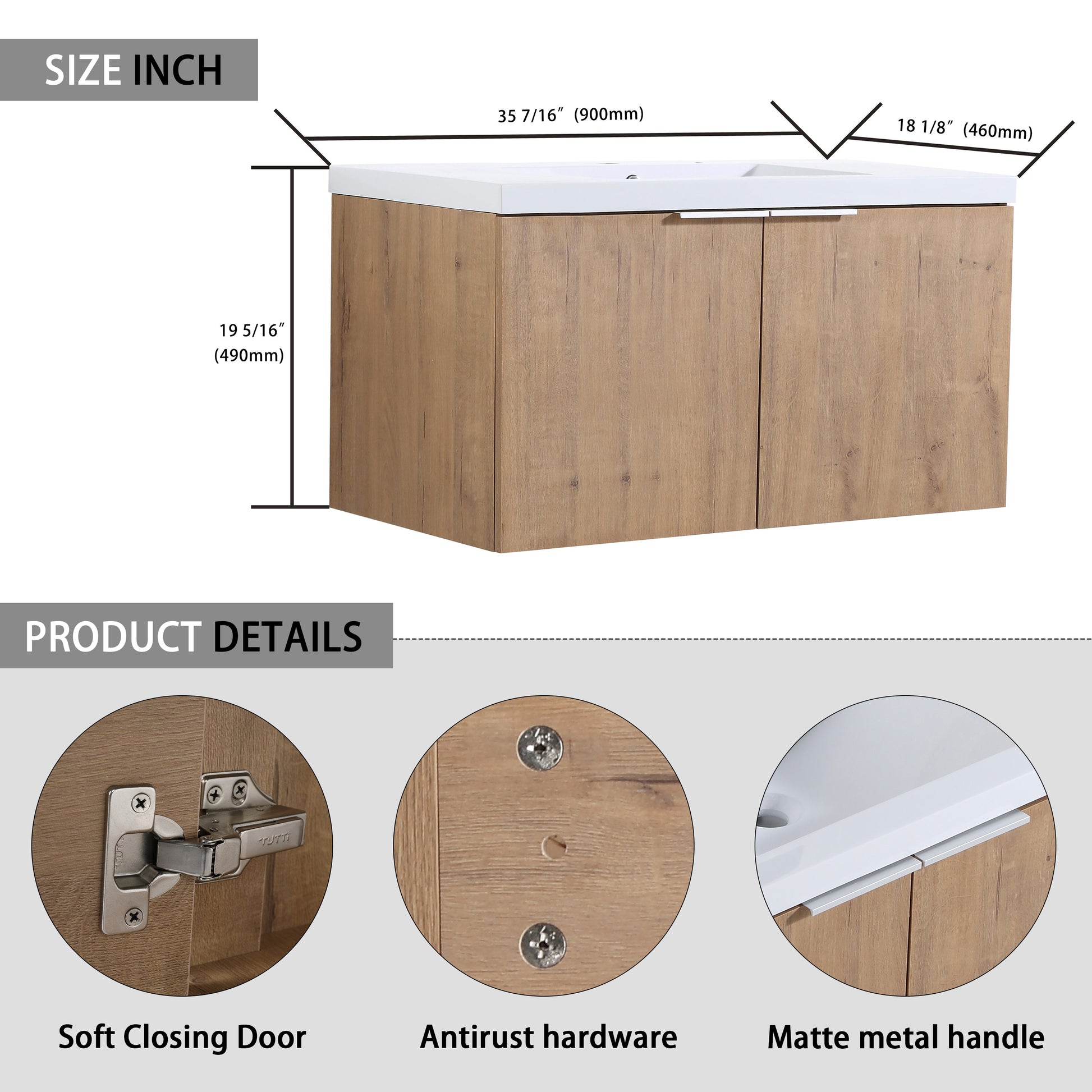 36" Wall Mounted Bathroom Vanity With Sink And Side Cabinet, Soft Close Doors,00112Imo X 2 00636Imo Combination Cabinet Kd Packing Imitative Oak Bathroom Modern Plywood Plywood