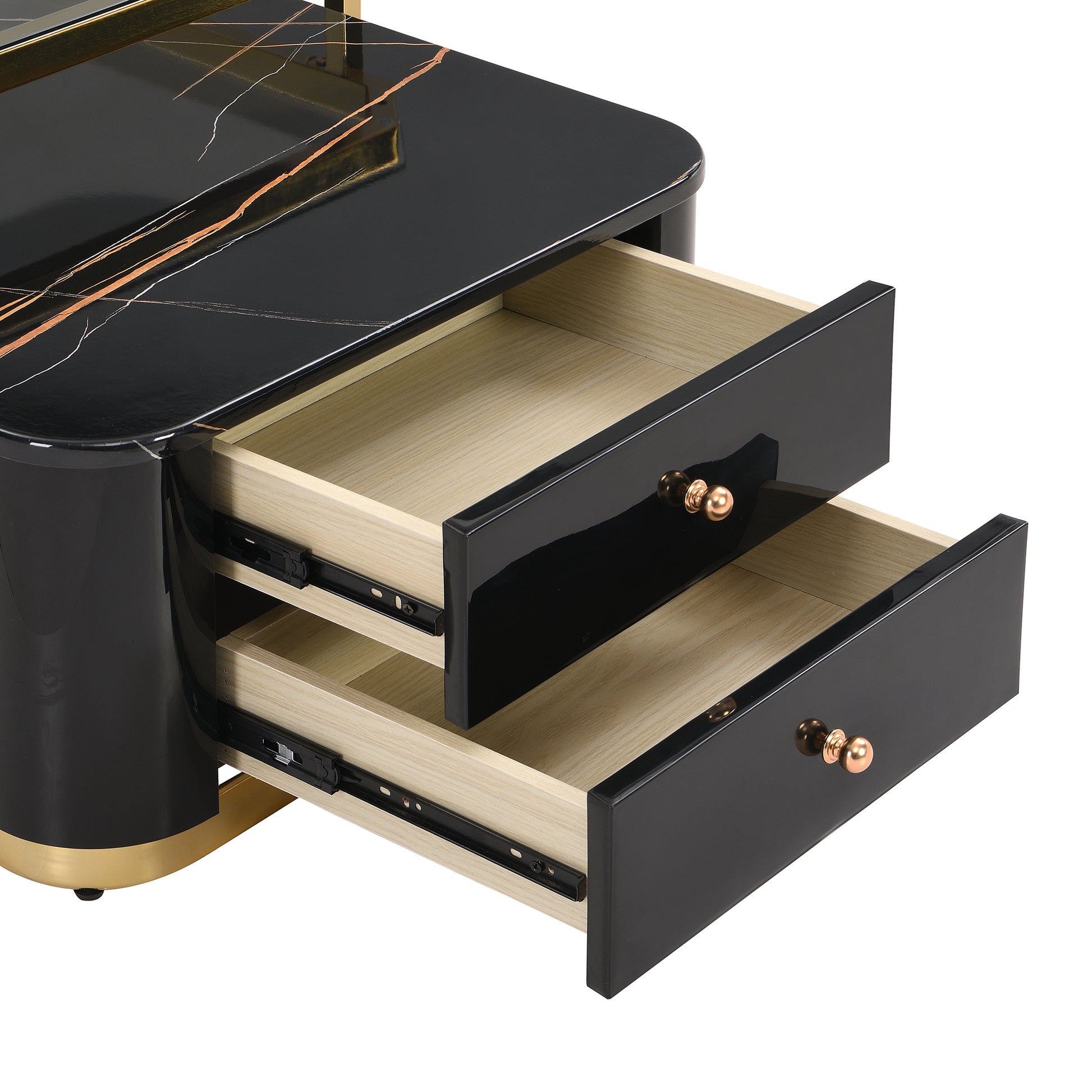 Modern 2 Pieces Black Square Nesting Coffee Table With Drawers & Electroplated Gold Legs In 27.6'' Golden Black Drawers Coffee & End Tables Glossy Square Mdf Glass Mdf Pedestal