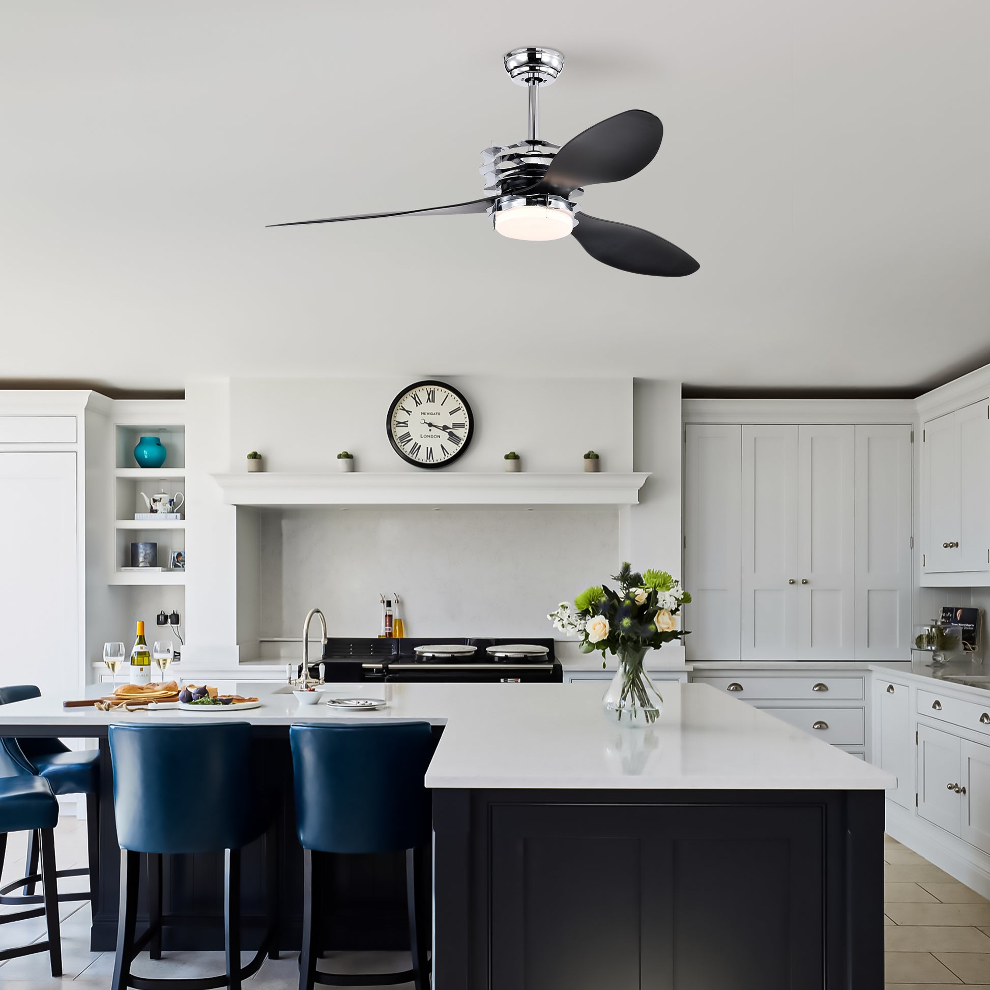 52'' Abs Blades Ceiling Fan With Lights And Remote 6 Speeds Adjustable Dc Motor Modern Ceiling Fan With 3 Abs Fan Blades & 2 Down Rods, Indoor Ceiling Fan With Light For Home Use Chrome American Design Abs Metal