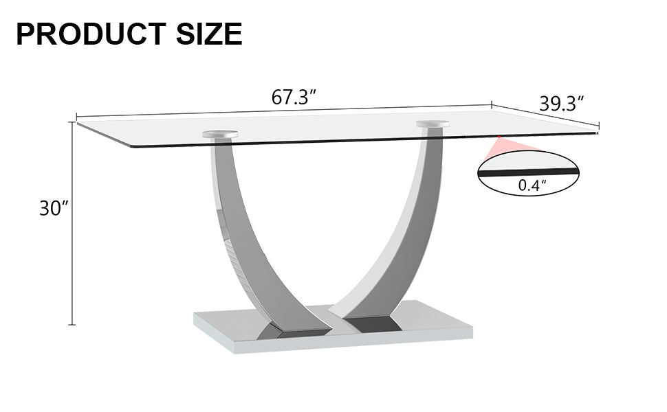 Large Modern Minimalist Rectangular Glass Dining Table For 6 8 People With 0.4 "Tempered Glass Table Top And Silver Metal Stand For Kitchen, Dining Room, Living Room, Meeting Room, Banquet Hall, 1548 Silver Metal