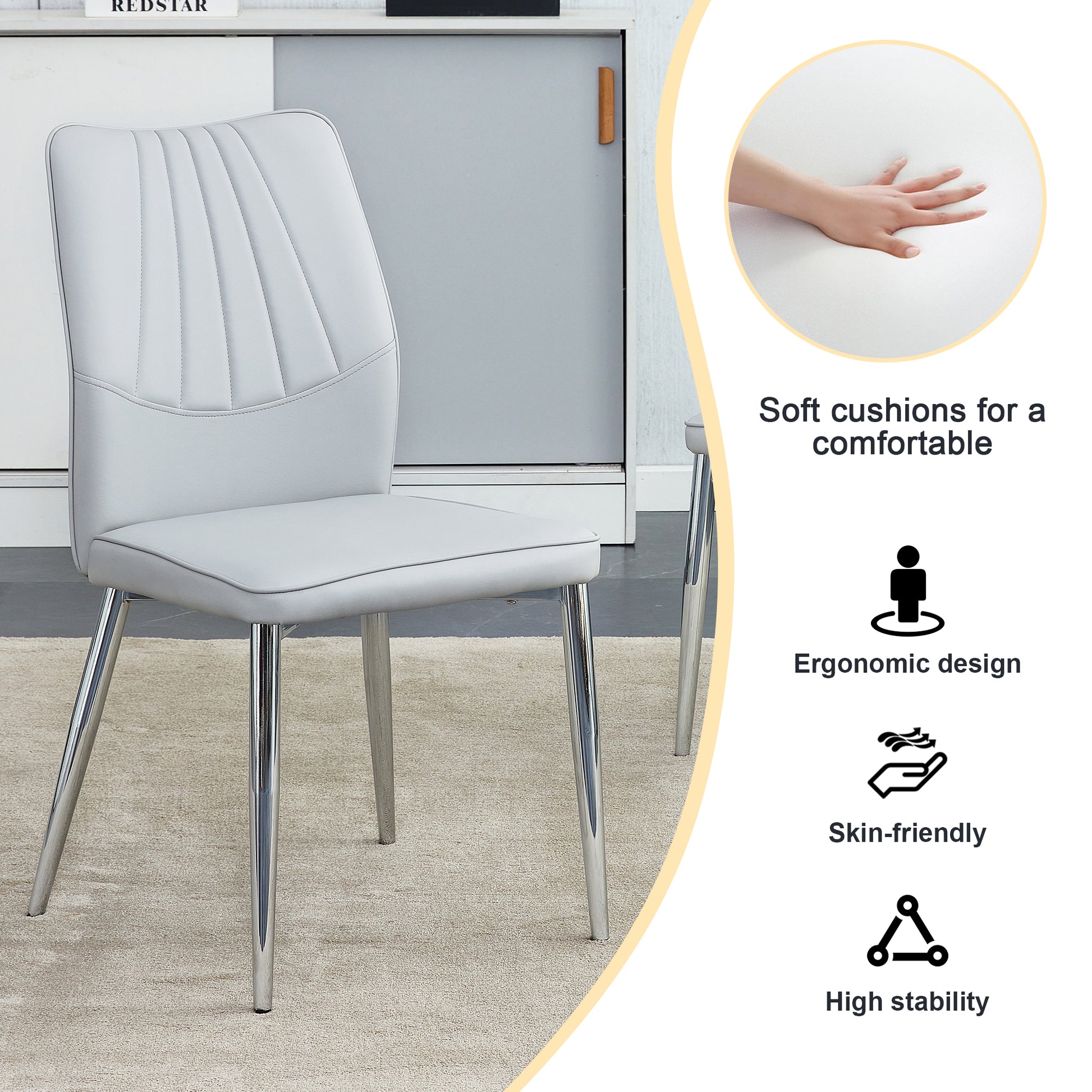 Table And Chair Set.Contemporary, Minimalist Rectangular Dining Table Featuring A Clear Tempered Glass Top And Sleek Silver Legs. Paried With Chairs Made Of Pu Material Cushion And Silver Metal Legs. Light Gray Seats 6 Glass Metal