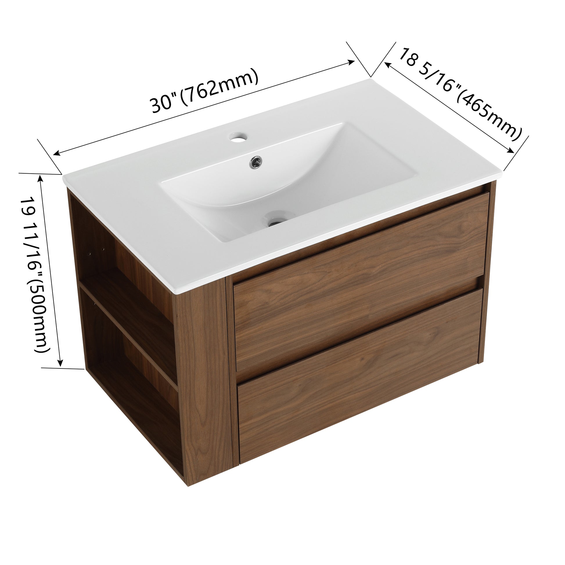 30" Wall Mounting Bathroom Vanity With Ceramic Sink, 2 Soft Close Drawer 2 Brown Oak 1 Bathroom Wall Mounted Modern Plywood