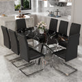 Table And Chair Set, Large Modern Minimalist Rectangular Dining Table, 0.39 Inch Black Imitation Marble Tabletop And Silver Metal Legs, Soft Leather Seats. F 1537 Silver Glass Metal