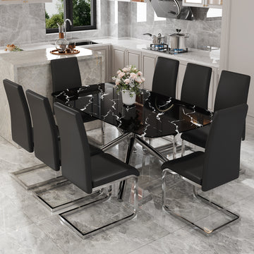 Table And Chair Set, Large Modern Minimalist Rectangular Dining Table, 0.39 Inch Black Imitation Marble Tabletop And Silver Metal Legs, Soft Leather Seats. F 1537 Silver Glass Metal