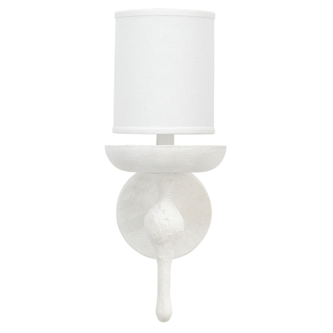 Zoe 12 Inch Wall Sconce, Plaster Candelabra Design Base, Linen Shade, White White Steel