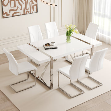 Table And Chair Set.71"X39.3" White Mdf Painting Dining Table Set With 6 White Pu Chairs.Showcasing A Modern And Stylish Look.Suitable For Dining Room.Mdf Painting,Iron Pipe Plating,Pu Chiairs.