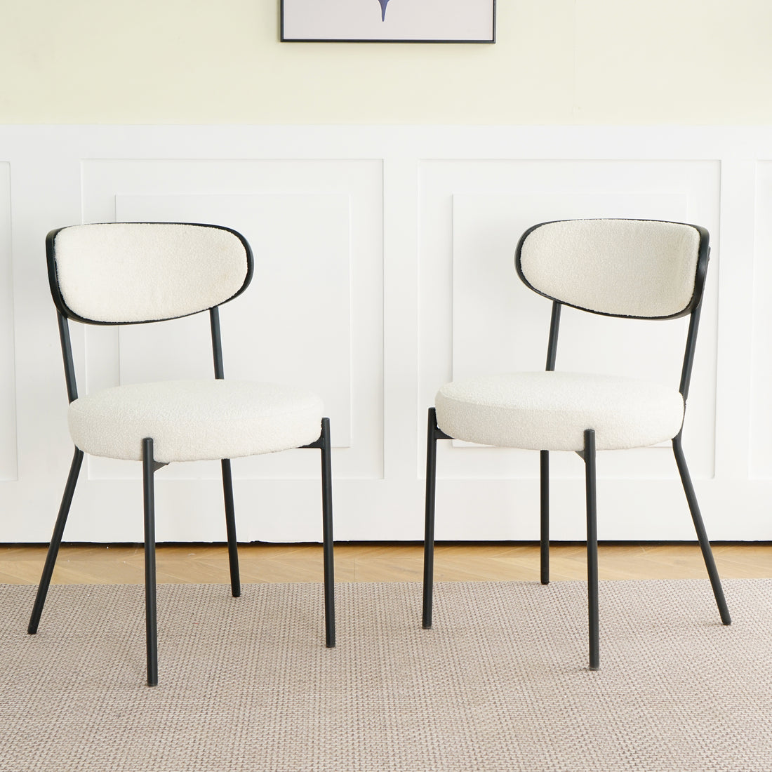 Boucle Modern Kitchen Dining Chair Bentwood Covered With Ash Veneer Chair Back, Metal With Black Powder Coated Leg Chair, Kitchen Dining Room And Living Room Set Of 2 Metal Cream Boucle