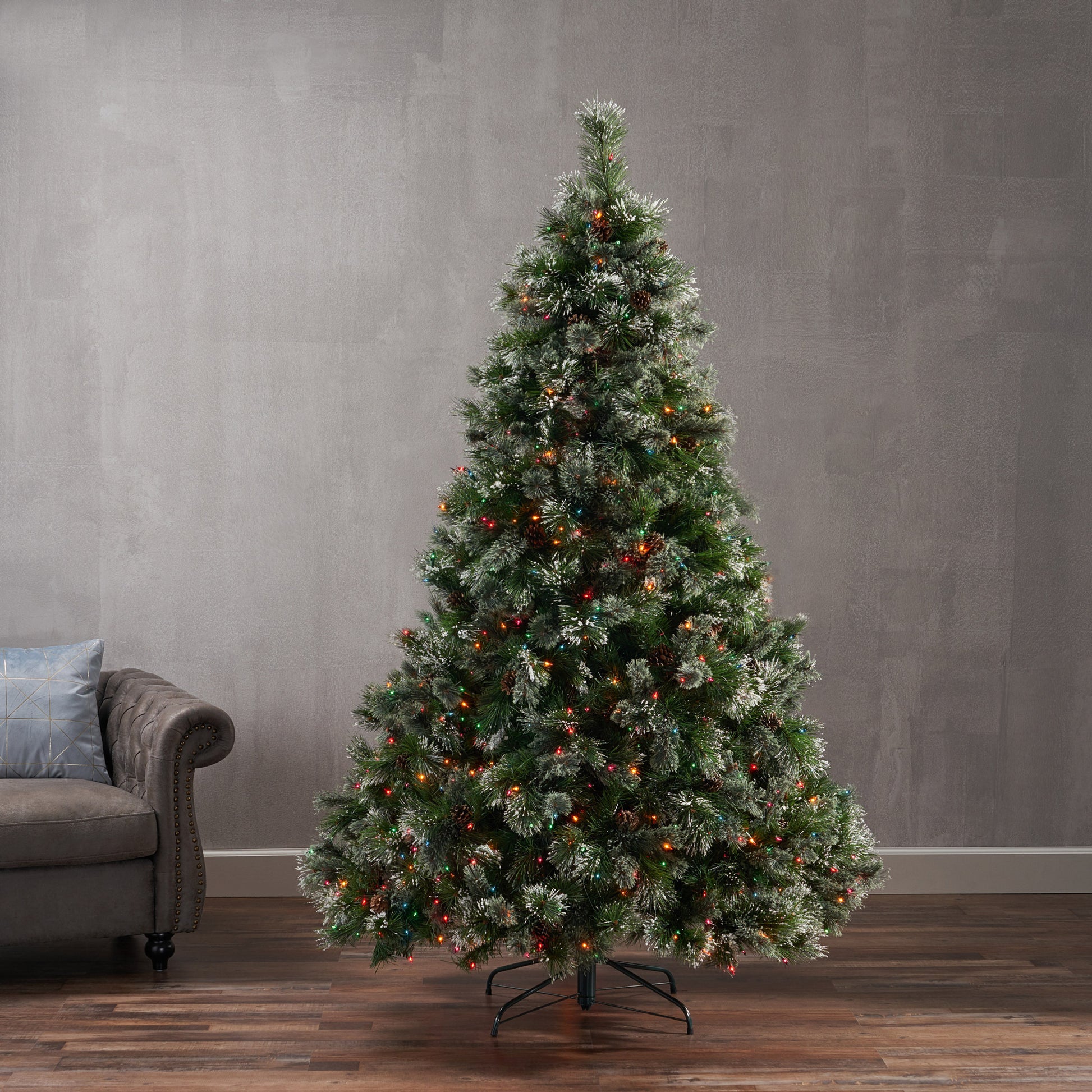 7' Faux Cashmere And Snow Bristle Mixed Tree With 75Pine Cones And 900Multi Lights Ul,1233Tips,D Green Pvc