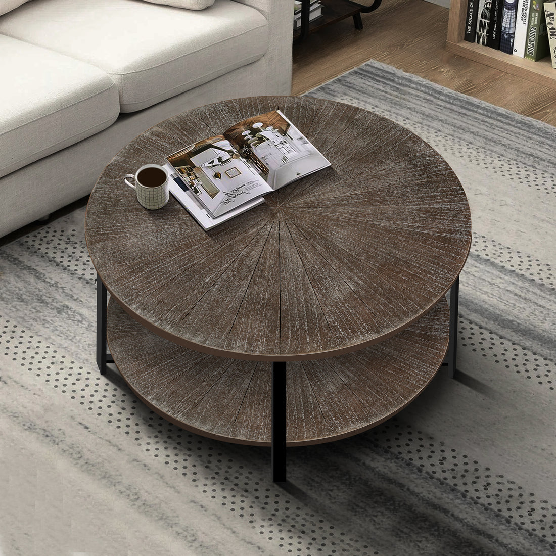 31.5"D X 31.5''W X 18.3''H Round Coffee Table With 2 Tier Storage, Farmhouse Living Room Cocktail Table With Black Metal Leg,Patchwork Desktop Effect Easy Assembly Antique Brown Antique Brown Brown Primary Living Space Antique Floor Mount Round Open
