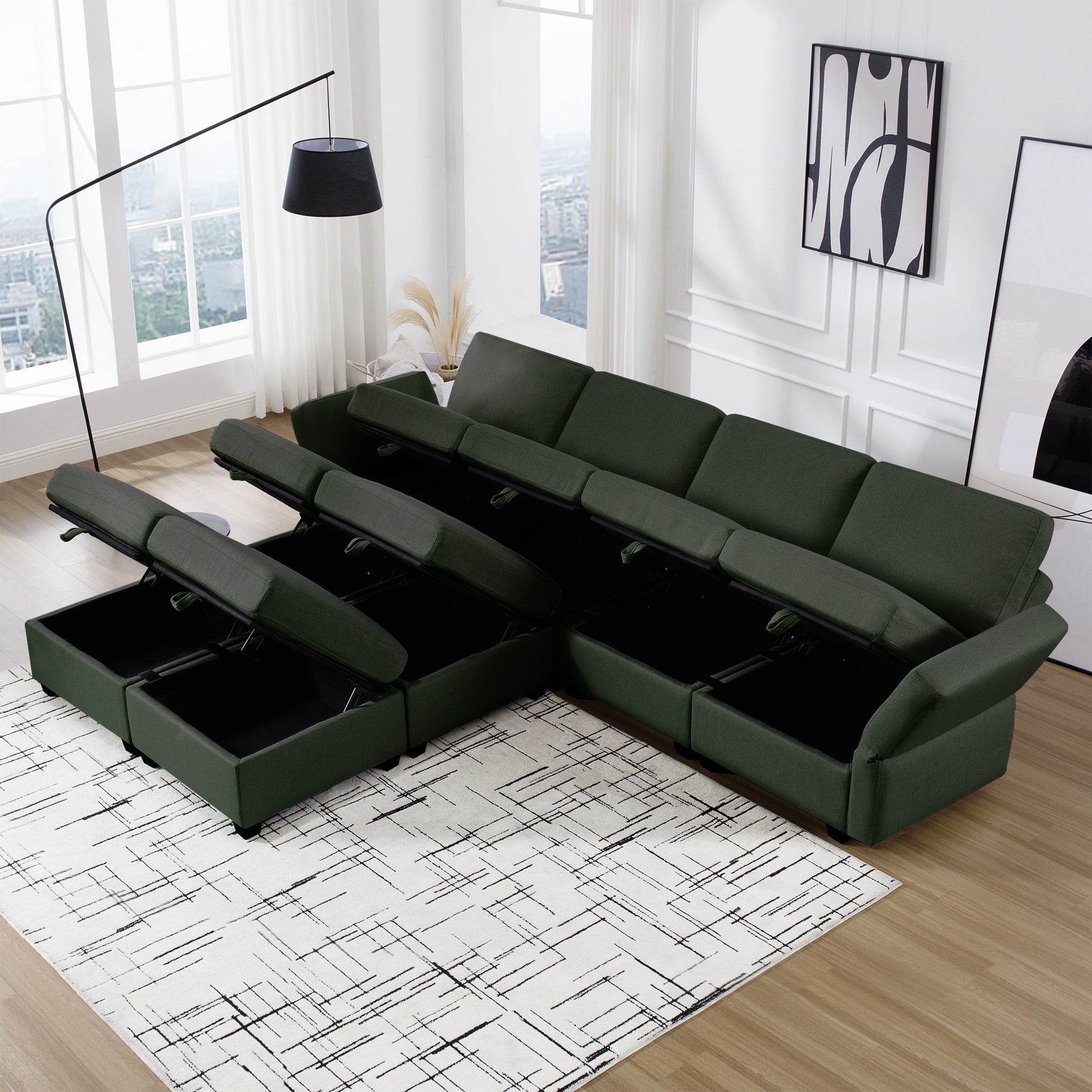 Modular Convertible U Shaped Sectional Sofa Couch With Storage Ottoman Corner Couch For Living Room, Adjustable Arms And Backs Green Green Polyester 4 Seat