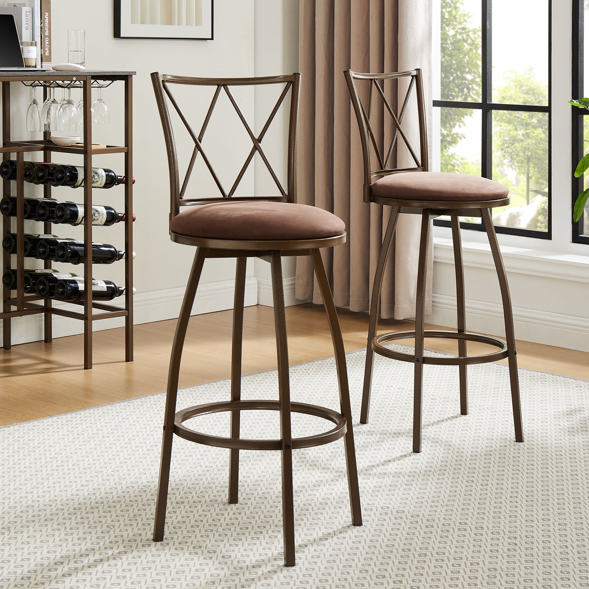 2 Piece Bar Stools, Bar Chairs, Brown Bar Stools,Country Style Industrial,Easy To Assemble, With Footrest For Indoor Bar Dining Kitchen Metal Brown Round Bar Stools Leather Fabric Metal