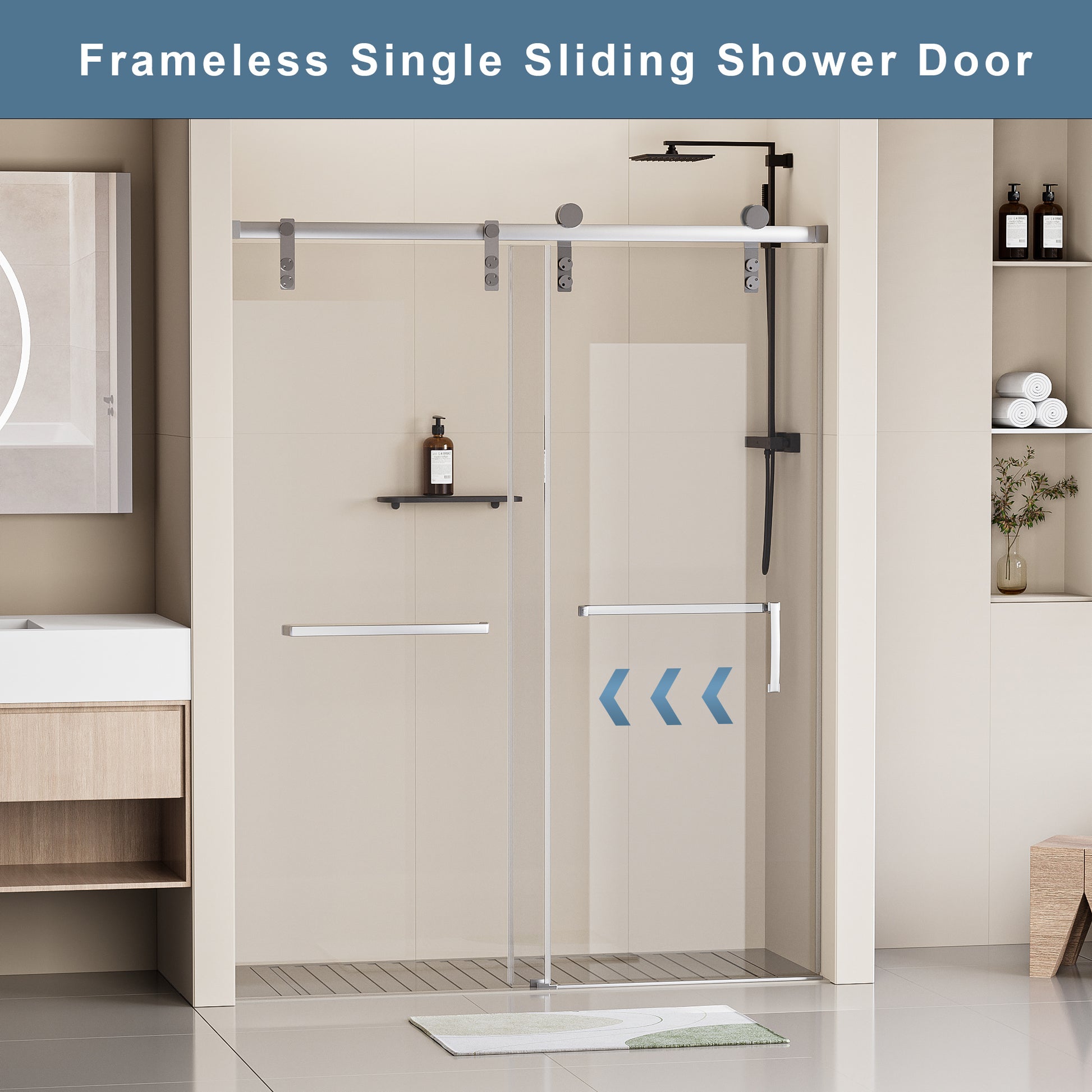 48 In. W X 76 In. H Frameless Soft Closing Shower Door, Single Sliding Shower Door, 5 16" 8Mm Clear Tempered Glass Shower Door With Explosion Proof Film, Stainless Steel Hardware, Chrome 24D211 48C Chrome Stainless Steel