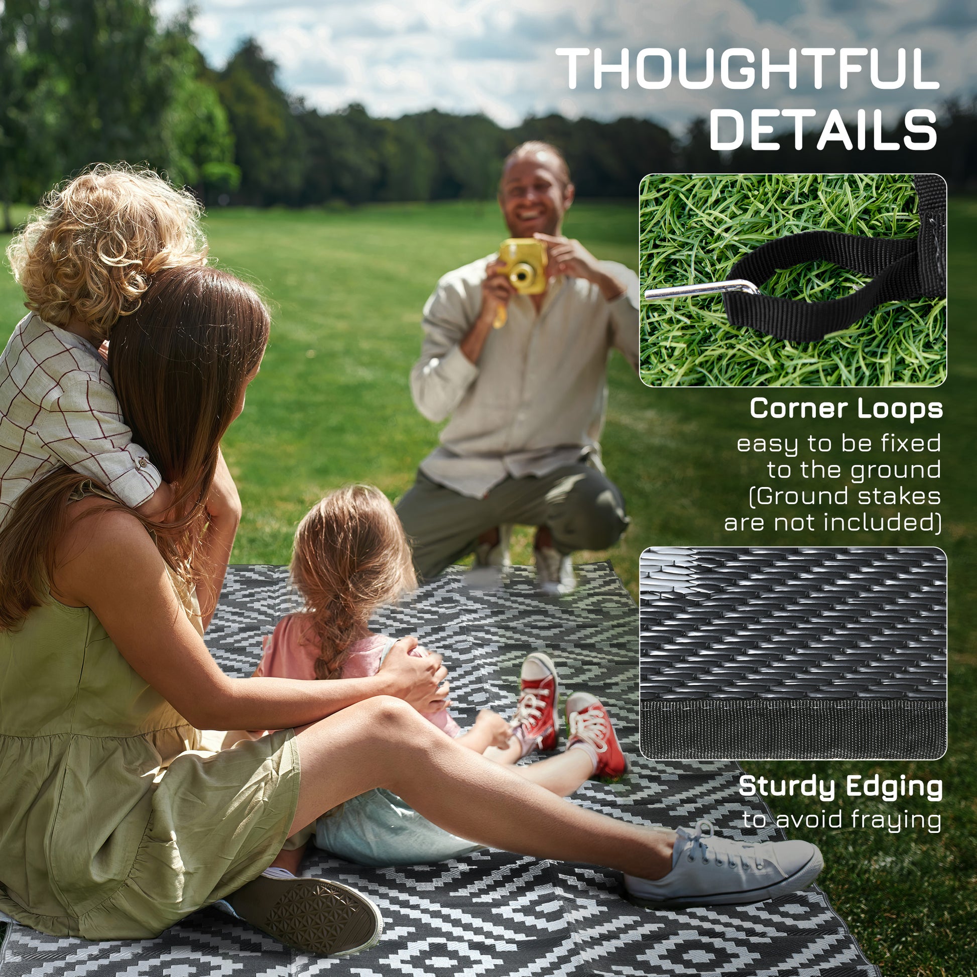 Outsunny Reversible Outdoor Rug, 9' X 18' Waterproof Plastic Straw Floor Mat, Portable Rv Camping Carpet With Carry Bag, Large Floor Mat For Backyard, Deck, Picnic, Beach, Black & Gray Geometric Multicolor Polypropylene