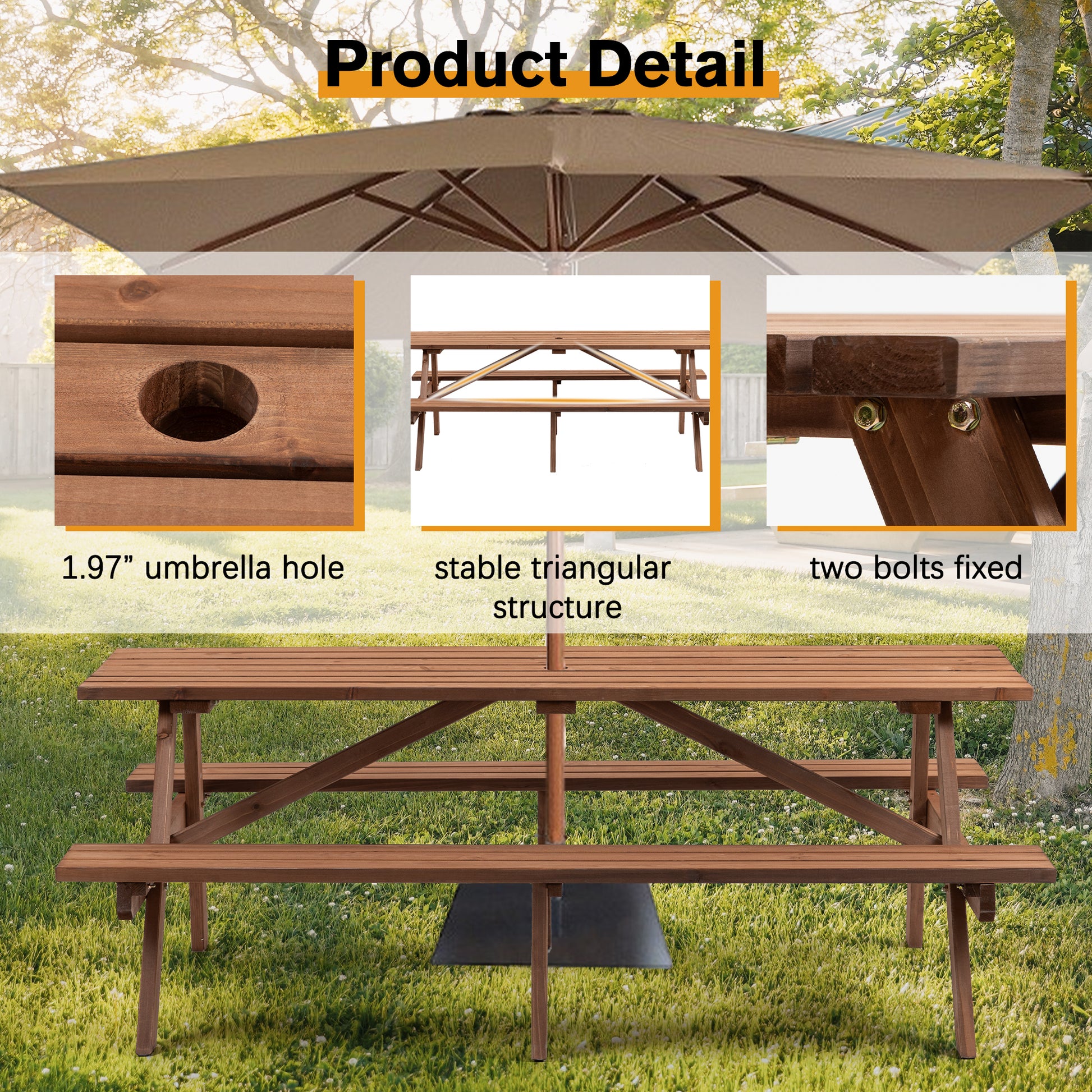 8 Person Brown Wooden Picnic Table, Outdoor Camping Dining Table With 2 Seats, Garden, Diy With 2 Built In Benches, 2220Lb Capacity Brown Wood