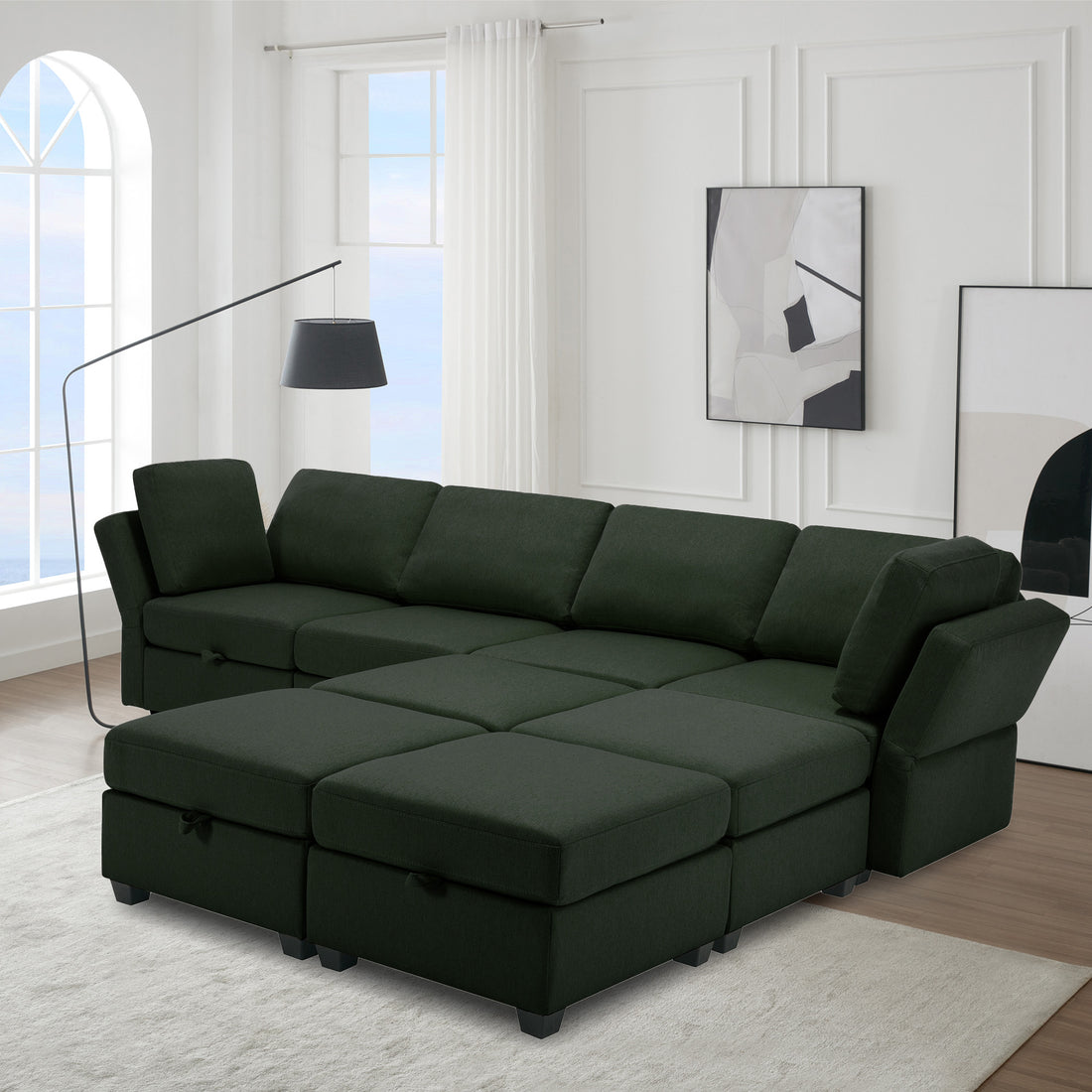 Modular Convertible U Shaped Sectional Sofa Couch With Storage Ottoman Corner Couch For Living Room, Adjustable Arms And Backs Green Green Polyester 4 Seat