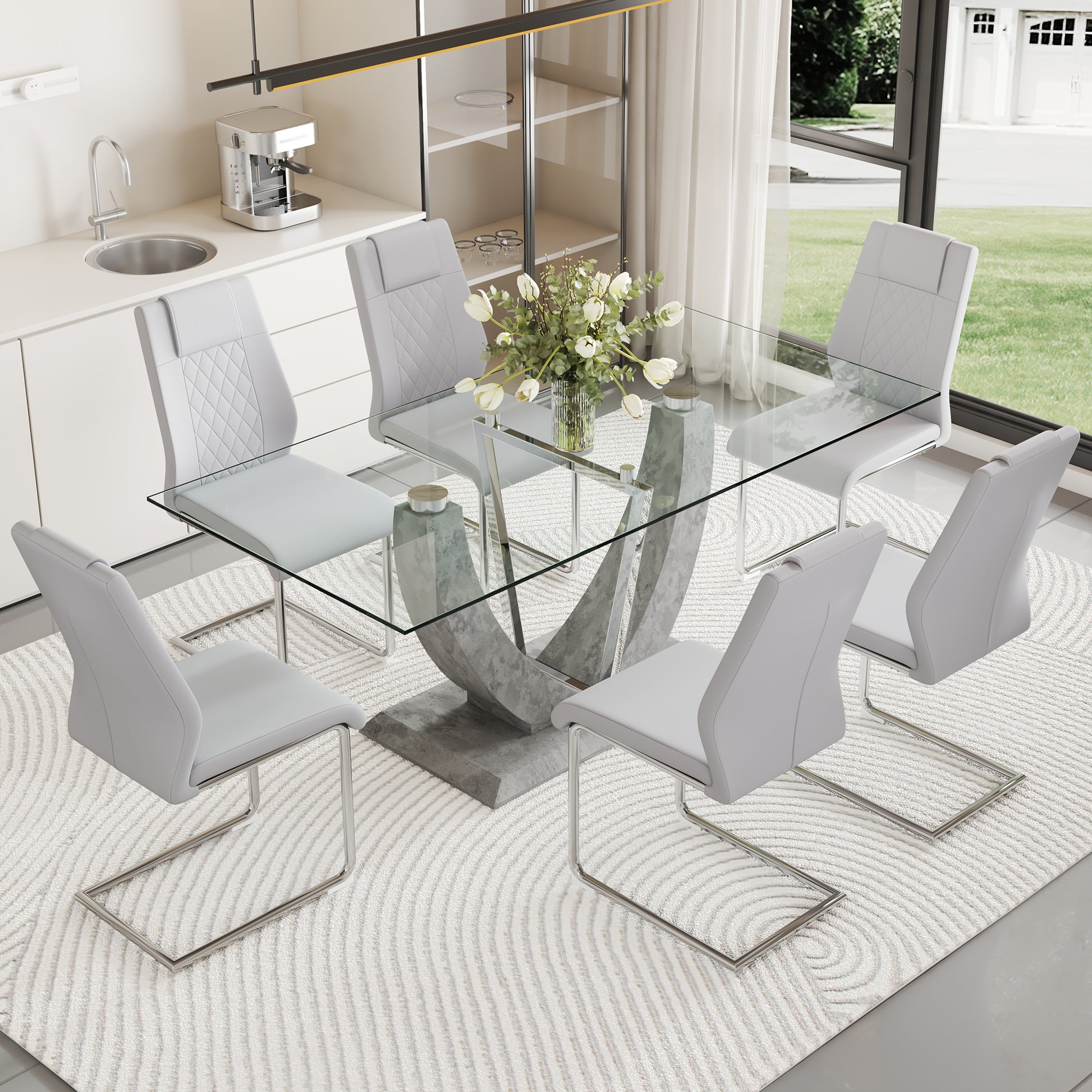 Table And Chair Set, Large Modern Rectangular Glass Table, Can Accommodate 6 8 People, Equipped With A 0.39 Inch Tempered Glass Tabletop And Large Mdf Table Legs, Comfortable And Soft Chairs. Grey Mdf Glass