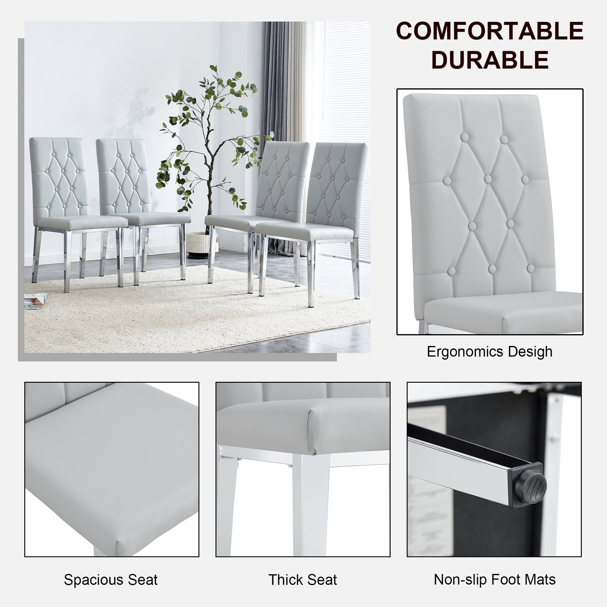 Table And Chair Set, Modern Dining Table, Tempered Glass Tabletop And Silver Colored Leg Table, Soft And Comfortable Dining Chair, Perfect For Dinner, Meetings, Home And Office Decor Gray Seats 4 Glass