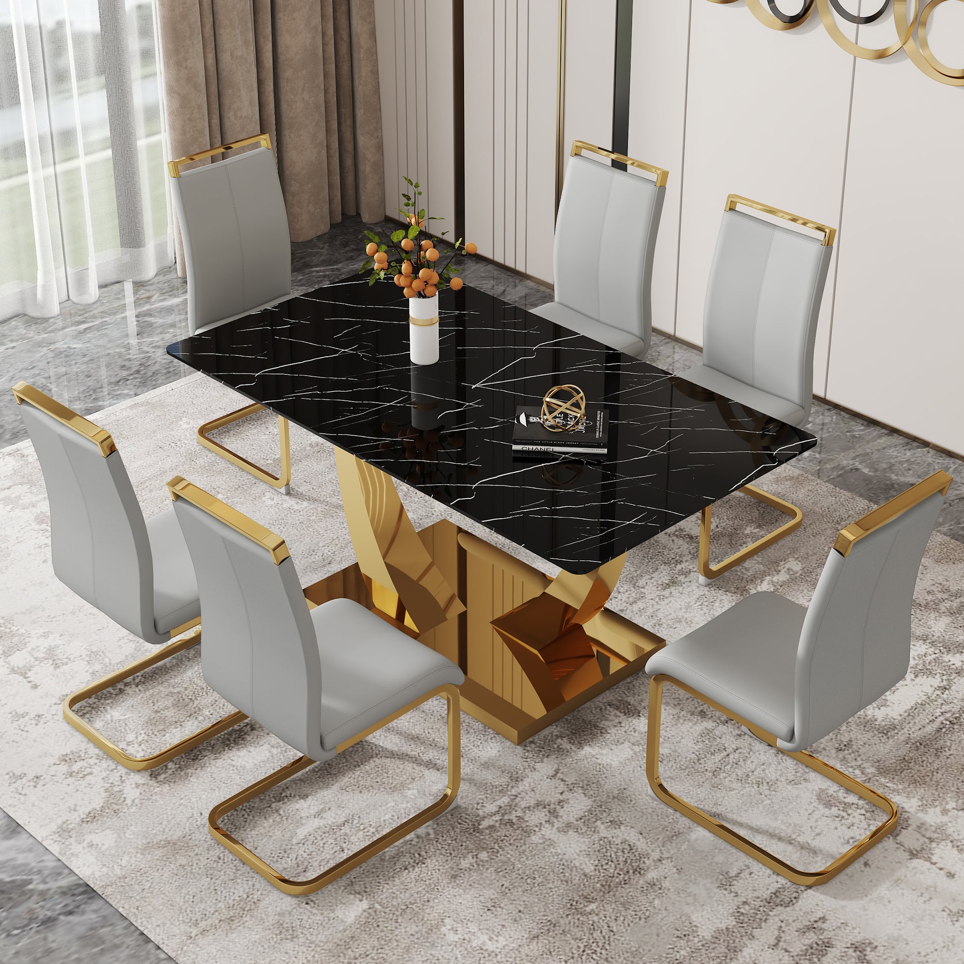 Table And Chair Set.Modern Rectangular Dining Table With Black Textured Stickers Glass Tabletop And Gold Plated Metal Legs.Paried With 6 Comfortable Chairs With Pu Seats And Golden Metal Legs. Gold,Light Gray Seats 6 Glass Metal