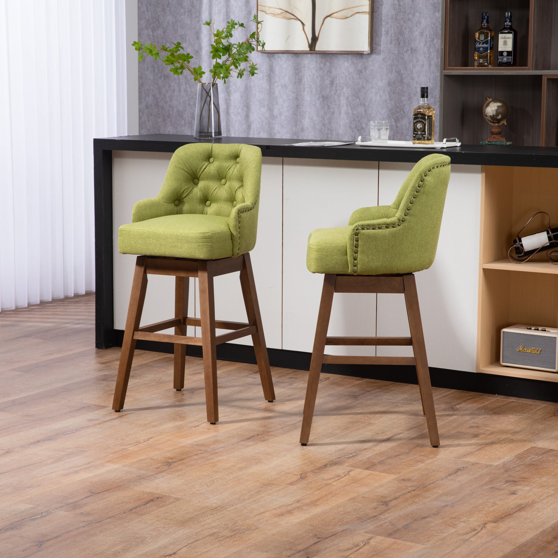 Coolmore Bar Stools Set Of 2 Counter Height Chairs With Footrest For Kitchen, Dining Room And 360 Degree Solid Wood Legs Swivel Bar Stools Set Of 2 Olive Linen Olive Foam Linen