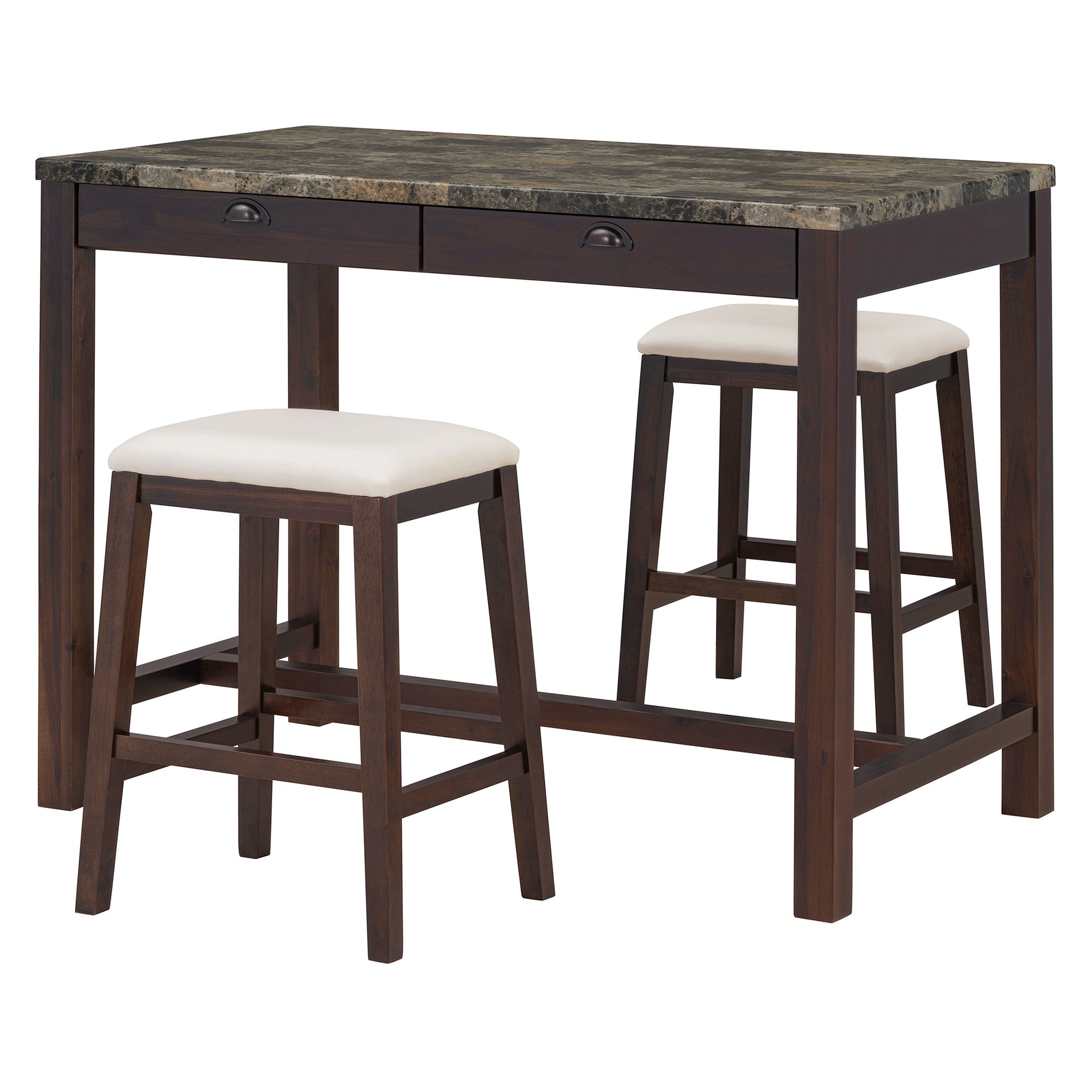 3 Piece Modern Faux Marble Versatile Bar Table Set With Storage Drawers And Padded Stools, Ideal For Space Saving Dining Nooks Or Small Kitchens Walnut Walnut Solid Wood Mdf