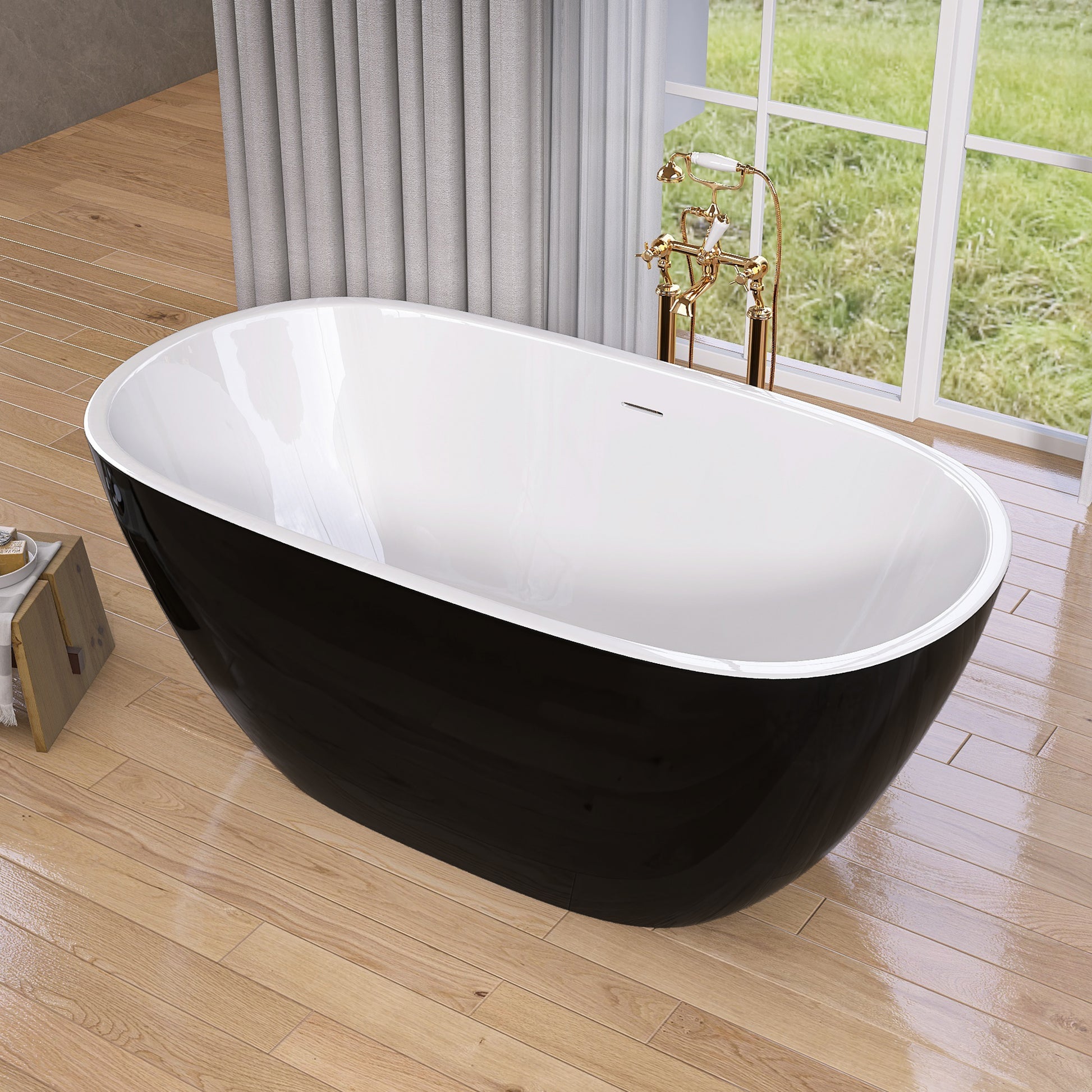 55 Inch Acrylic Freestanding Bathtub Modern Stand Alone Soaking Bathtub With Overflow And Pop Up Drain Gloss Black Black White Oval Bathroom Freestanding Tubs Polished Less Than 59 In