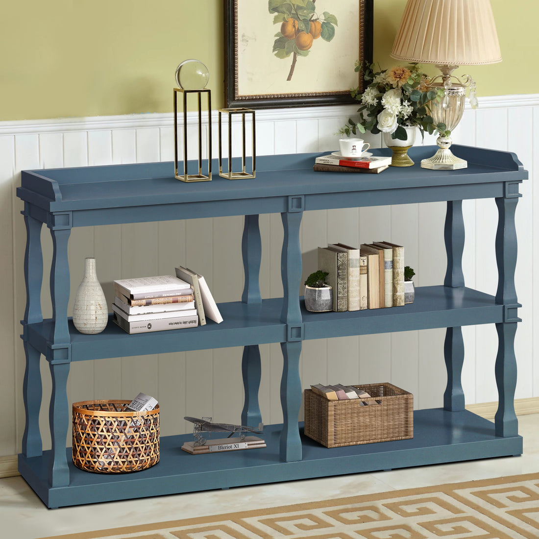 Console Table With 3 Tier Open Storage Spaces And Roman Column Effect Support Legs,Narrow Sofa Entry Table For Living Room, Entryway And Hallway Navy Blue Navy Blue Primary Living Space Floor Mount Open Storage Console Tables Glossy Mdf Mdf