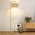 Arc Floor Lamp With 3 Color Temperatures, Led Gold Floor Lamp With Remote & Stepless Dimmable Bulb, Boho Standing Lamp With Rattan & Fabric Shades, Farmhouse Tall Lamp For Living Room Bedroom Brown Gold Rattan Metal