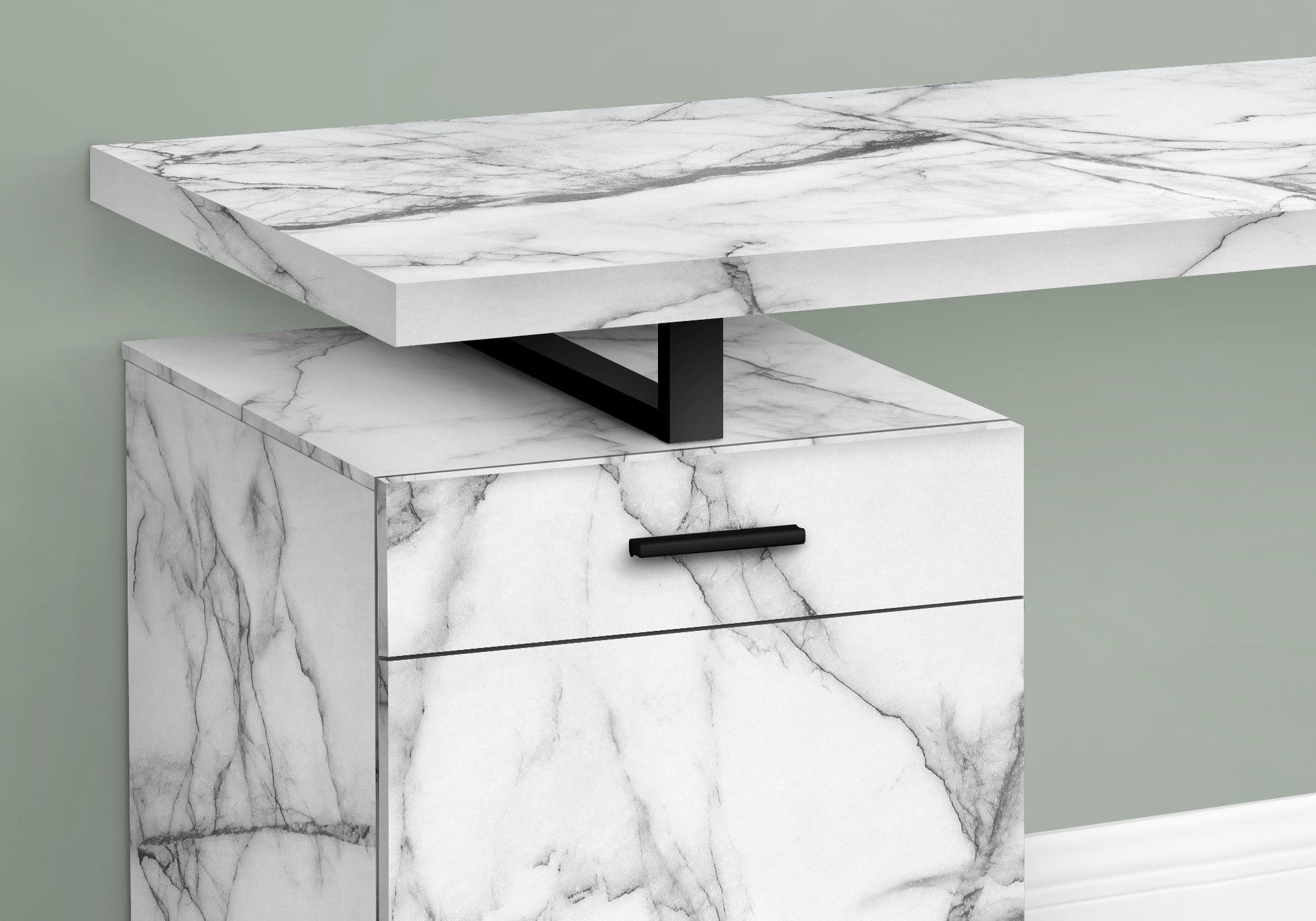 Computer Desk, Home Office, Laptop, Left, Right Set Up, Storage Drawers, 48"L, Work, White Marble Look Laminate, Black Metal, Contemporary, Modern White Particle Board