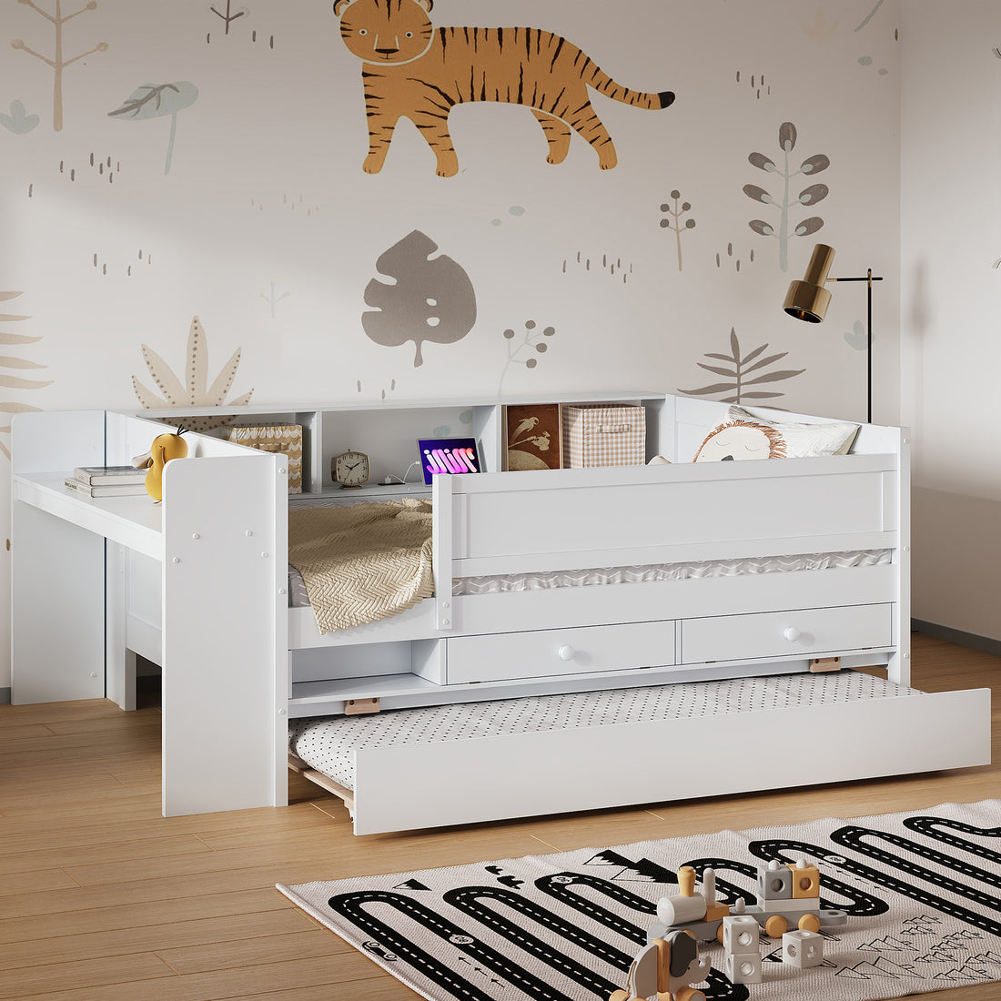 Multi Functional Twin Daybed With Drawers And Trundle, Headboard Storage And Tables, Usb Charging Station, White Box Spring Not Required Twin White Wood Daybeds Pine