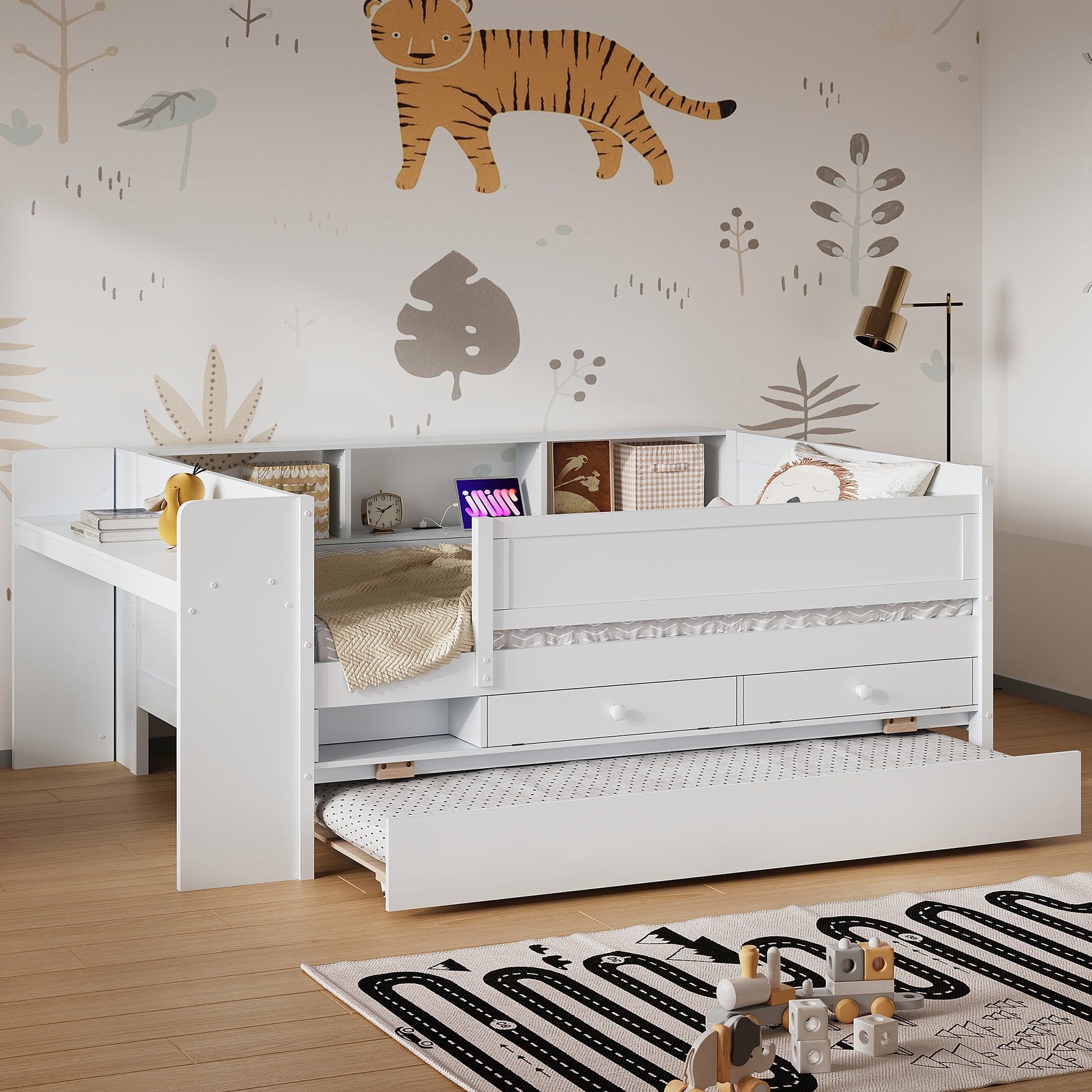 Multi Functional Twin Daybed With Drawers And Trundle, Headboard Storage And Tables, Usb Charging Station, White Box Spring Not Required Twin White Wood Daybeds Pine