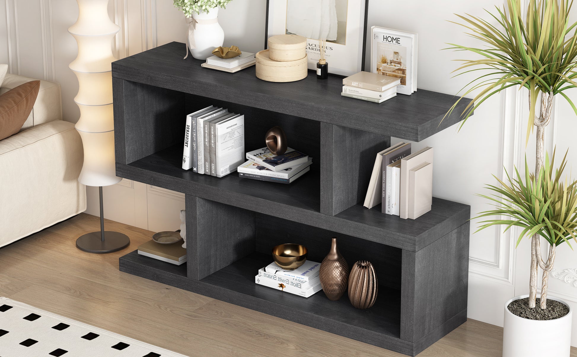 Retro Console Table With Symmetrical 2 Tier Open Shelf For Entryway And Living Room Black Black Mdf