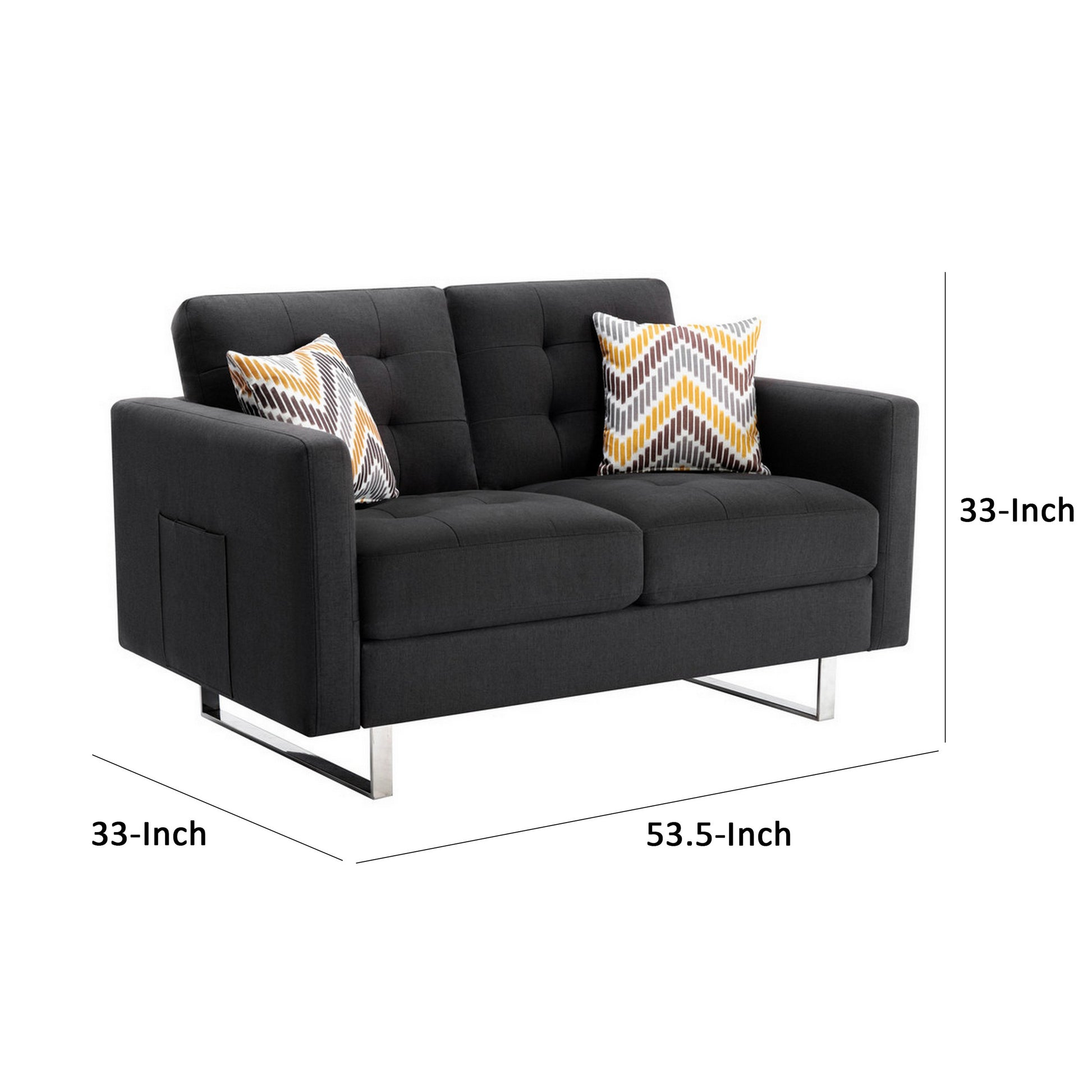 Caden 54 Inch Modern Loveseat With Side Pocket And 2 Pillows, Dark Gray Dark Gray Wood Fabric 2 Seat