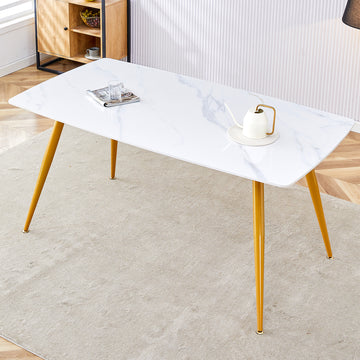 Modern Minimalist Dining Table. White Imitation Marble Pattern Sintered Stone Desktop With Golden Metal Legs.62"*34.6"*29.9" F 001 Gold Sintered Stone