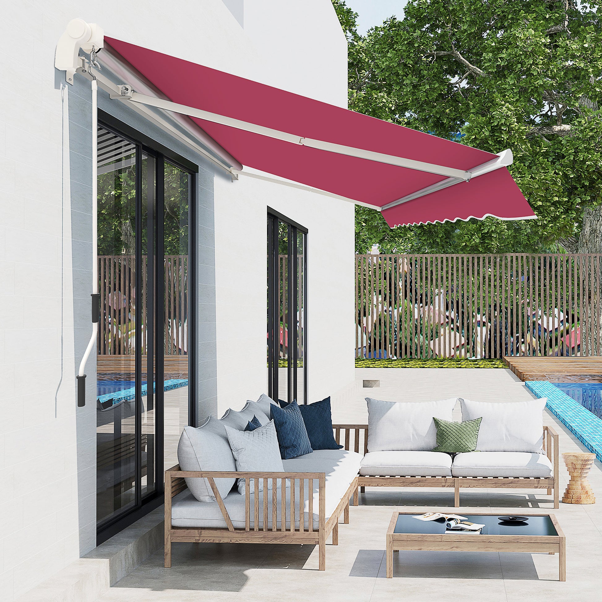 Outsunny 10' X 8' Retractable Awning, Patio Awnings, Sunshade Shelter W Manual Crank Handle, Uv & Water Resistant Fabric And Aluminum Frame For Deck, Balcony, Yard, Wine Red Red Aluminum