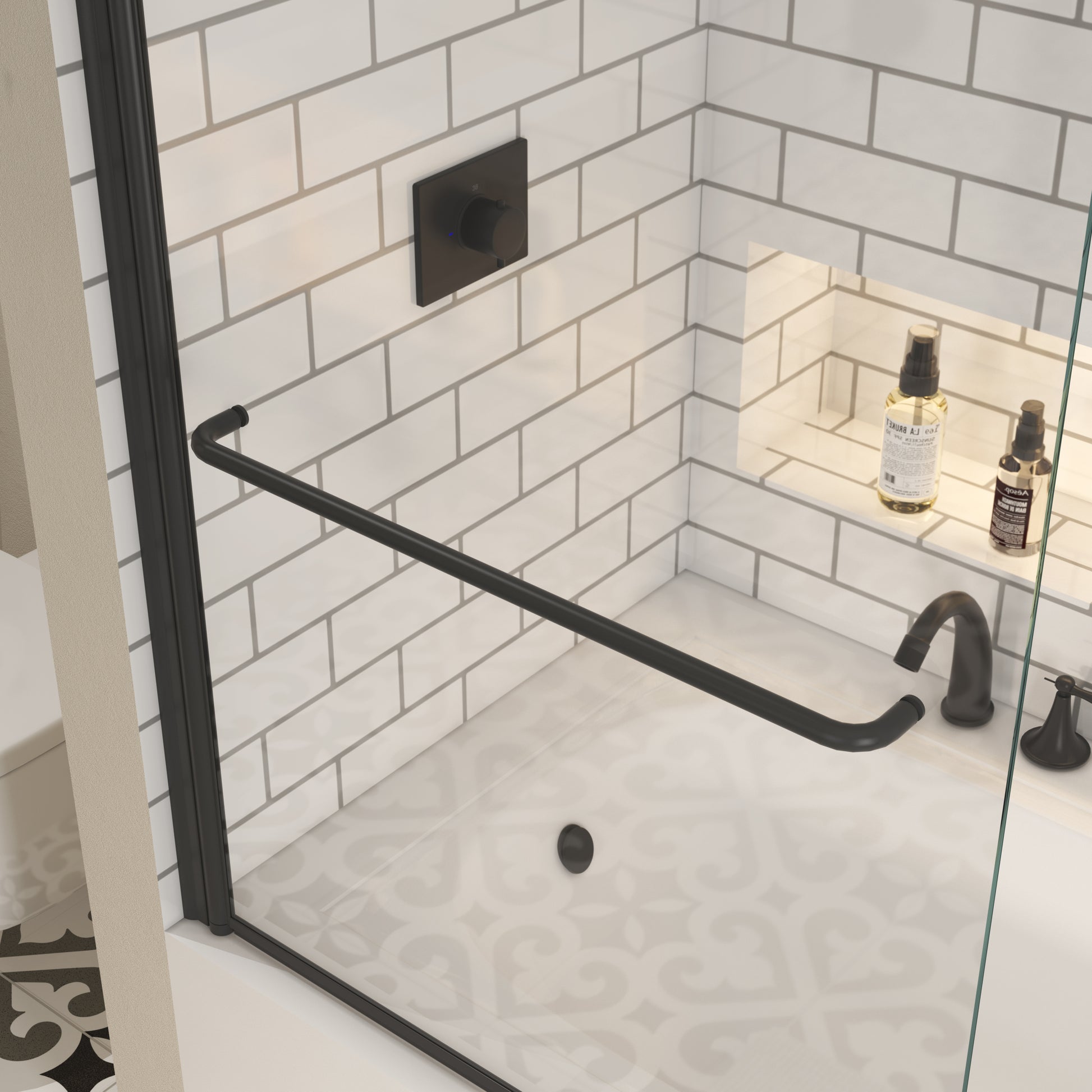 Bath Tub Pivot Shower Screen, With 1 4" Tempered Glass And Towel Bar 3458 Matte Black Bathroom Aluminium Alloy