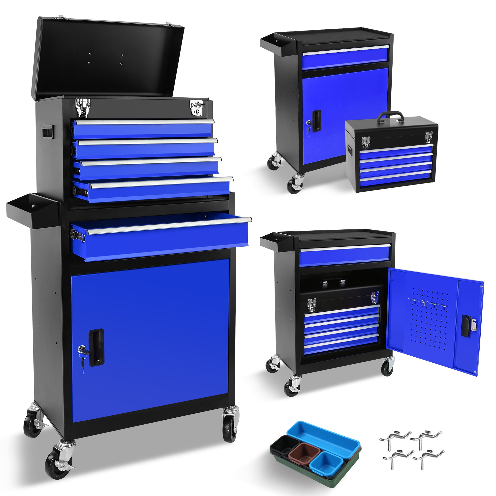 5 Drawer Rolling Tool Chest, High Capacity Tool Storage Cabinet W Lockable Wheels, Anti Slip Liner, Detachable Tool Box Organizer, Rolling Tool Cabinet Black Blue Steel