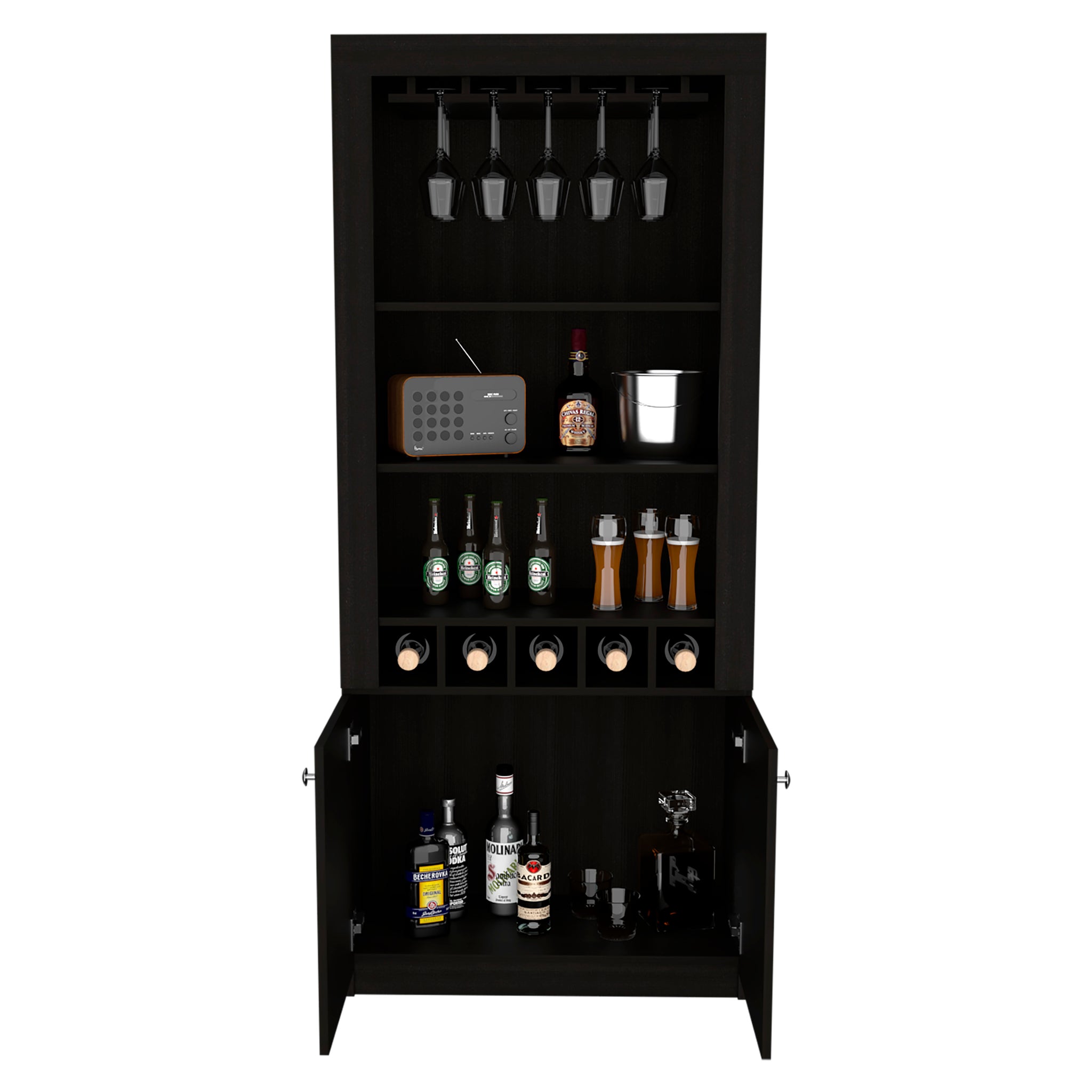 Montenegro Bar Cabinet, Double Door Cabinet, Five Built In Wine Rack, Three Shelves Black Black Particle Board