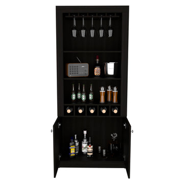 Montenegro Bar Cabinet, Double Door Cabinet, Five Built In Wine Rack, Three Shelves Black Black Particle Board