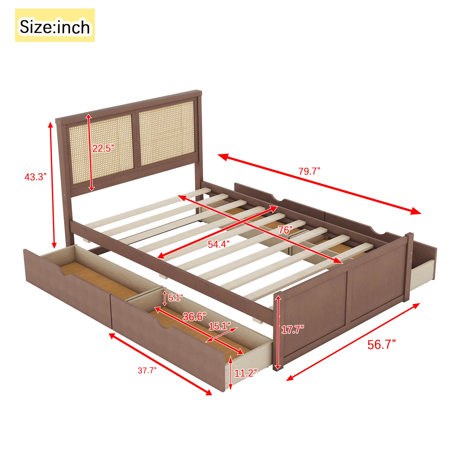 Full Size Wood Storage Platform Bed With 4 Drawers, Rattan Headboard, Espresso Box Spring Not Required Full Antique Espresso Wood Bedroom Bed Frame Wood Rattan