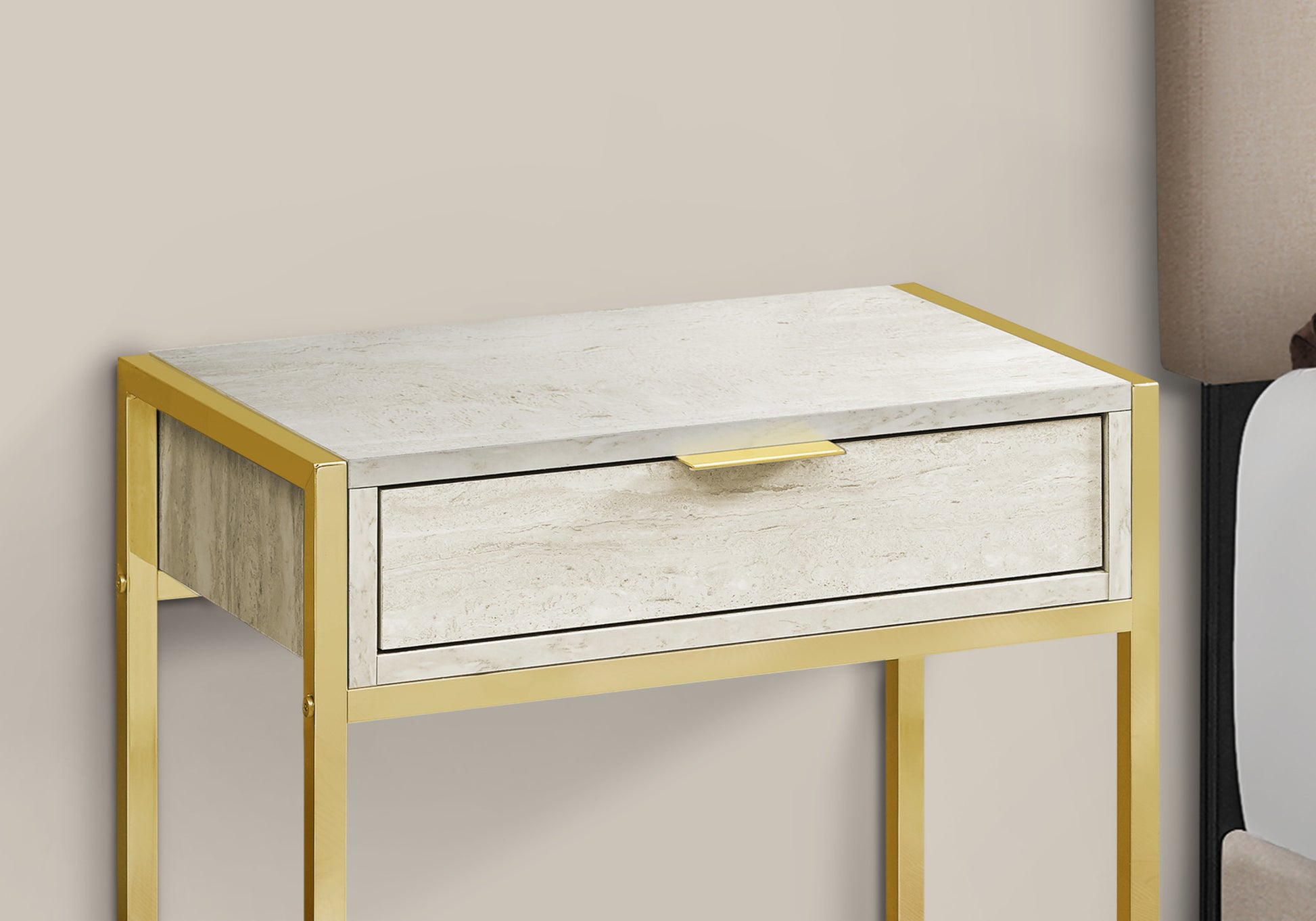 Accent Table, Side, End, Nightstand, Lamp, Storage Drawer, Living Room, Bedroom, Beige Marble Look Laminate, Gold Metal, Contemporary, Modern Beige Particle Board