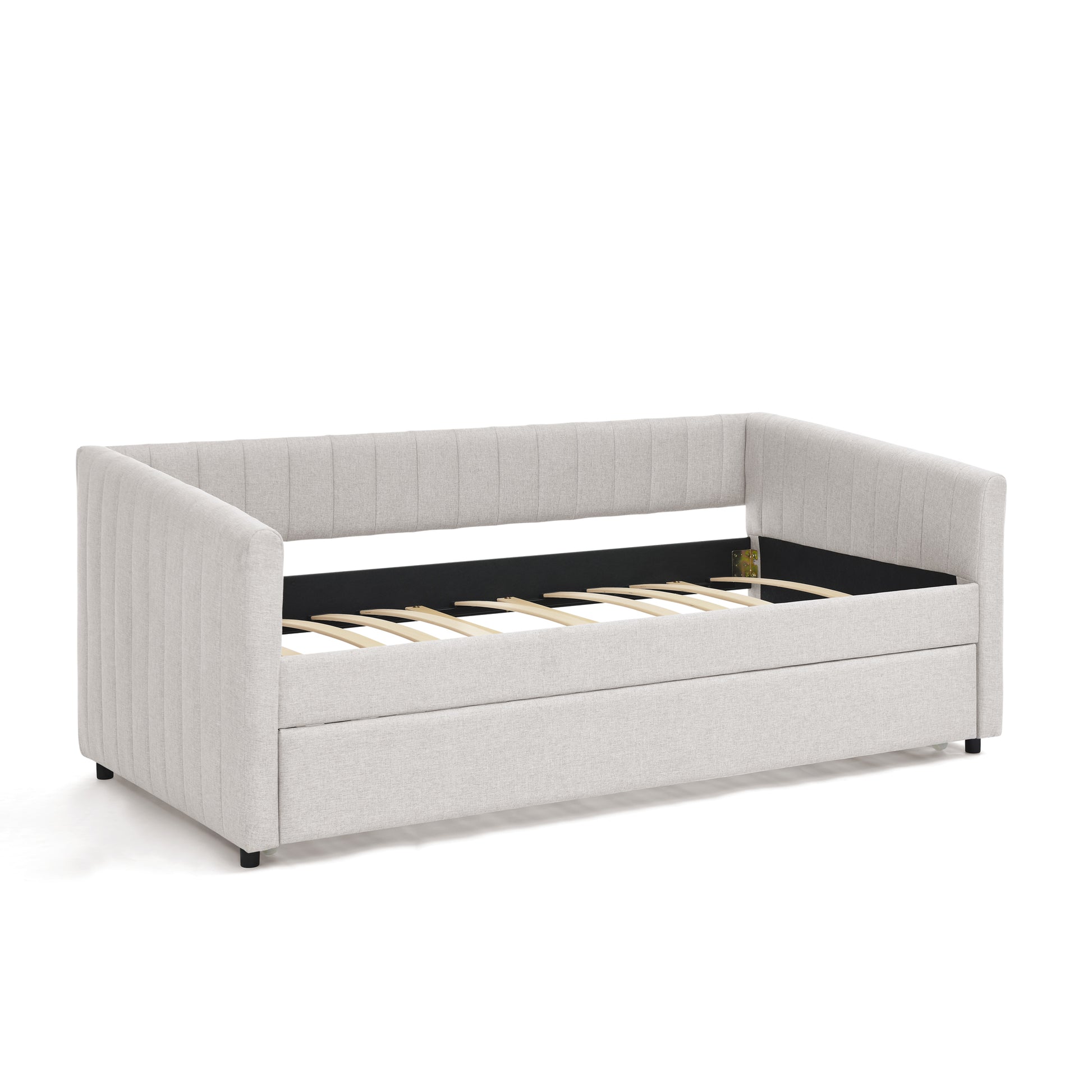 Twin Size Daybed With Trundle Upholstered Sofa Bed, With Vertical Stripes, Linen Fabric, Beige 82.5"X43"X30" Beige Linen