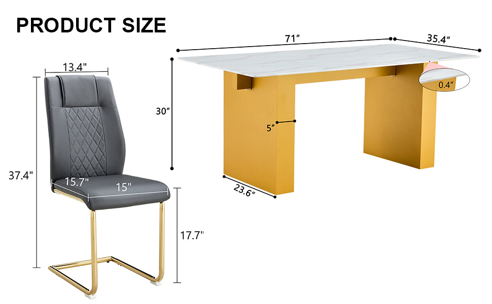 Table And Chair Set.Large Modern Rectangular Table With 0.4 Inch Patterned Glass Tabletop And Large Mdf Table Legs.Comes With 6 Chairs With Faux Leather Cushioned Seats And Golden Metal Legs. Gold White Seats 6 Mdf Glass